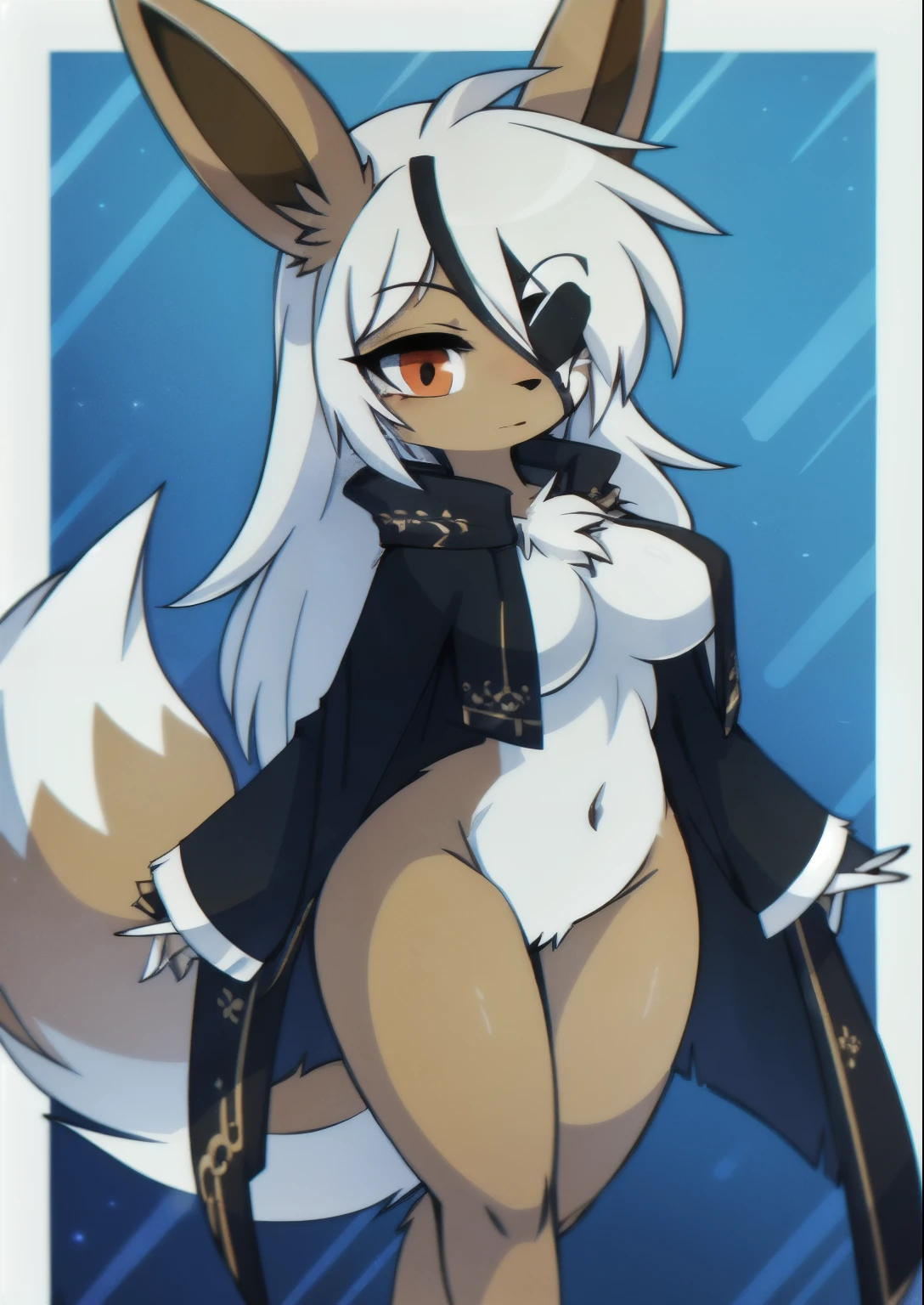 ((masterpiece, best quality)) (eevee) (furry), solo, one character, eye patch, (female), fluffy fur, big fluffy tail, navel, breast, fluffy fur neck, long white hair, wide hips, black poncho