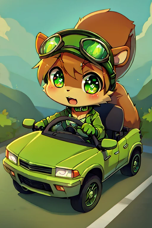 boy, squirrel, furry, bodyfur, tail, green goggles, green collar, green bra, bottomless, green gloves, green boots, chibi, sparkling eyes, green headphones, steering, driving