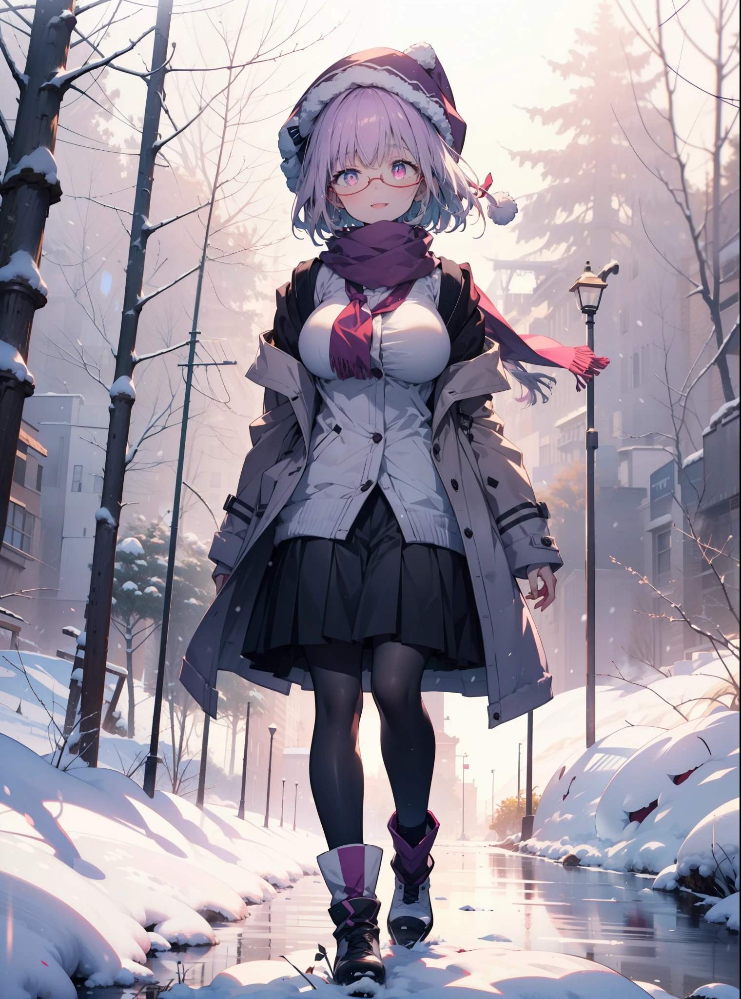 akaneshinjou, shinjou akane, Light purple hair, (Pink Eyes:1.2), short hair,Akagi Glasses,hair band,,White Breath,Big Breasts,Purple coat,White sweater,happy smile, smile, Open your mouth,Black long skirt,Gray pantyhose,Red scarf,short boots,Knitted hat,Daytime,cloudy,snow,snowが降り積もっている,whole bodyがイラストに入るように,Looking down from above,
break looking at viewer,whole body, break outdoors 森, nature, break (masterpiece:1.2), highest quality, High resolution, unity 8k wallpaper, (shape:0.8), (Beautiful and beautiful eyes:1.6), Highly detailed face, Perfect lighting, Extremely detailed CG, (Perfect hands, Perfect Anatomy),