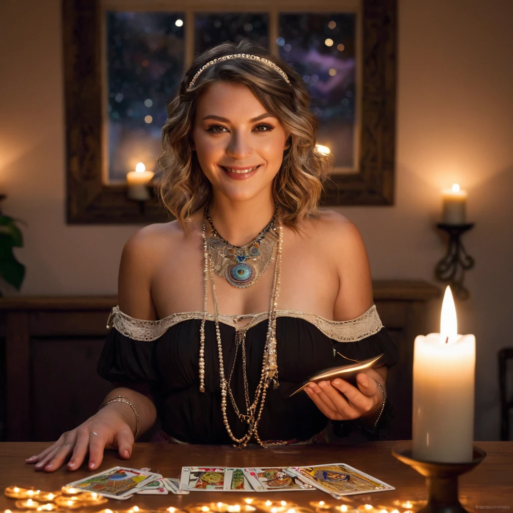 top quality, masterpiece, hi-res, 1 topless woman, 35 years old, Norwegian, western style fortune teller outfit, hair ornament, necklace, jewelry, beautiful face, calm smile, upon_body, Tyndall effect, photorealistic, divination room, candles on table, tarot cards, rim lighting, two tone Lighting, (High Definition Skin:1.2), 8k uhd, DSLR, soft lighting, high quality, volumetric lighting, candid, photography, high resolution, 4k, 8k, bokeh