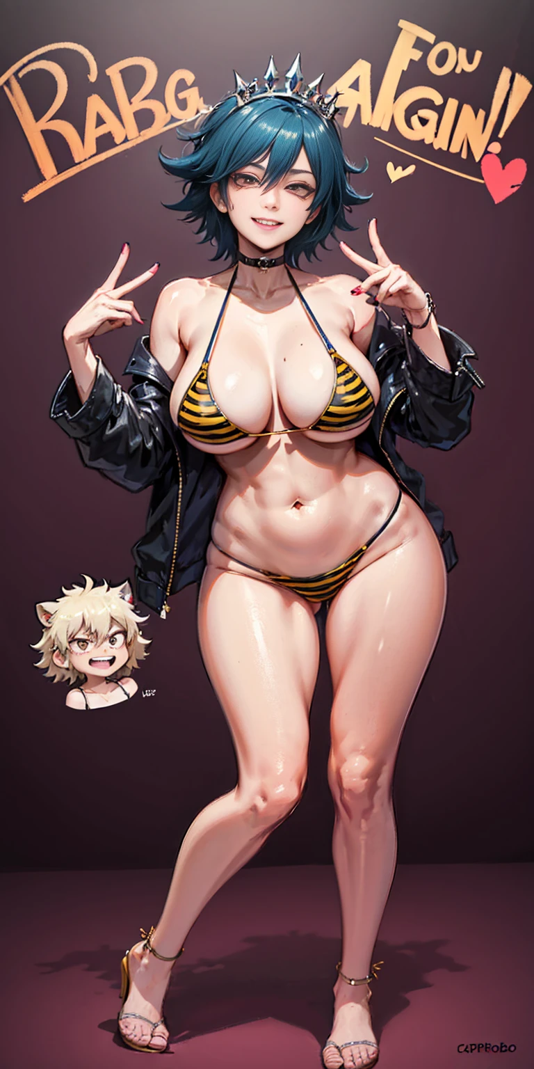 Dos muslos largos, ojos amarillos, pelo rubio, cabello corto, pechos grandes, mangas separadas, fondo muy blanco, Tiara real, capa larga, Bikini tigre amarillo, Tacones altos, manos en la cintura. Tatuaje rojo en el ombligo., MILF de cuerpo completo BIMBO, cara de sonrisa lujuriosa y sonriente (rubor rojo), hombros de metal, brazales dorados sin mangas, gargantilla negra