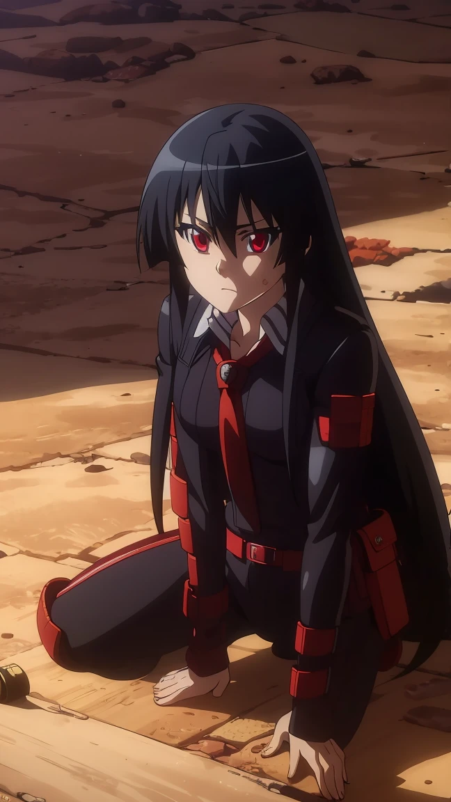 a girl with perfect face, perfect red eyes, wearing military uniform, long sleeve top, bulletproof armor, red beret, short military pants, black combat boots, (best quality,4k,8k,highres,masterpiece:1.2),ultra-detailed,(realistic,photorealistic,photo-realistic:1.37),extremely detailed eyes and face,longeyelashes,cinematic lighting,dramatic pose,solo,Akame