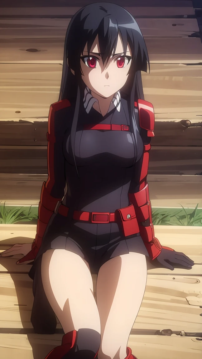 a girl with perfect face, perfect red eyes, wearing military uniform, long sleeve top, bulletproof armor, red beret, short military pants, black combat boots, (best quality,4k,8k,highres,masterpiece:1.2),ultra-detailed,(realistic,photorealistic,photo-realistic:1.37),extremely detailed eyes and face,longeyelashes,cinematic lighting,dramatic pose,solo,Akame