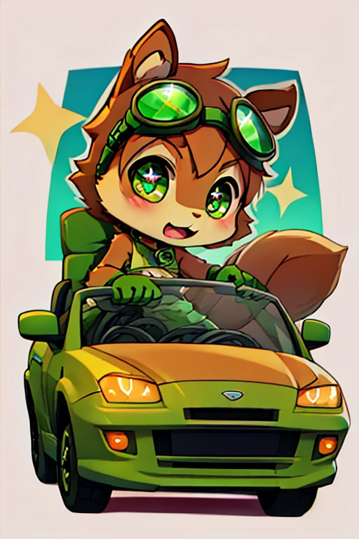 boy, squirrel, furry, bodyfur, tail, green goggles, green collar, green bra, bottomless, green gloves, green boots, chibi, sparkling eyes, green headphones, steering, driving car