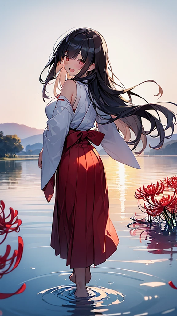 (Masterpiece, Top quality: 1.5) ,4K, (walking on water:1.4),from behind, 1 beautiful girl, solo, black hair,  (white hakama :1.3), off shoulder, barefoot, long hair, wave hair, (junior high school student:1.2), medium breasts, standard weight, smile:1.5, blush:1.2, (tearful:1.1), closed eyes, open mouth, beautiful scene of large lake, Horizon, magnificent panorama view, Silent Water Surface, sunset, ( Red spider lilies floating on the water everywhere:1.2)