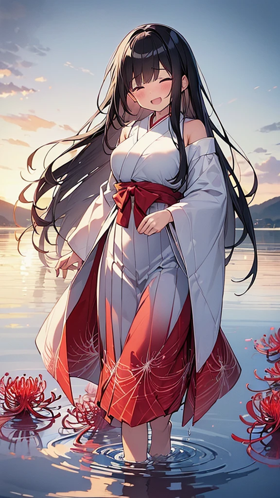(Masterpiece, Top quality: 1.5) ,4K, (walking on water:1.4),from behind, 1 beautiful girl, solo, black hair,  (white hakama :1.3), off shoulder, barefoot, long hair, wave hair, (junior high school student:1.2), medium breasts, standard weight, smile:1.5, blush:1.2, (tearful:1.1), closed eyes, open mouth, beautiful scene of large lake, Horizon, magnificent panorama view, Silent Water Surface, sunset, ( Red spider lilies floating on the water everywhere:1.2)