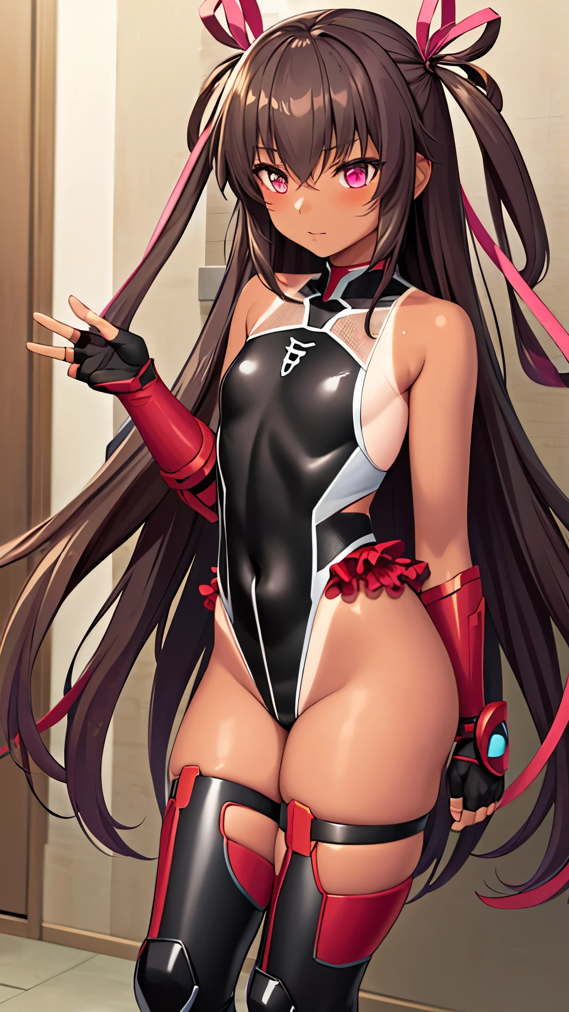 8k,best quality,masterpiece, highest quality, High resolution ,Mizuki Yukikaze, Hair Ribbon, Black leotard, Taimanin suit, skinny,flat tits,One Piece Tan, Elbow Bag, Fingerless gloves, Frilled leotard, Thigh-high boots,