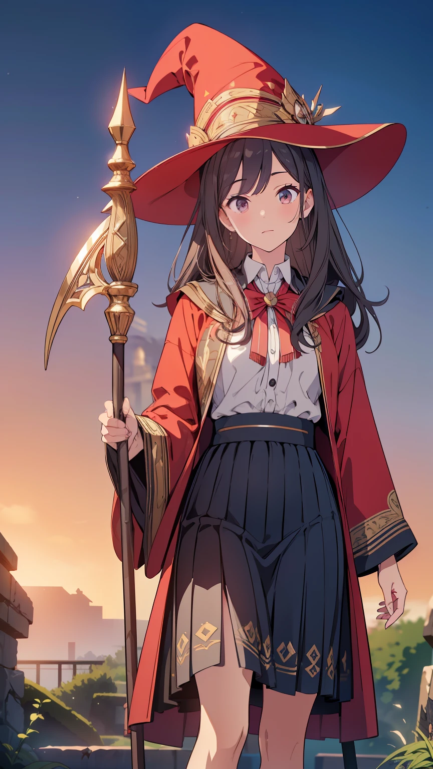 ((Top quality, 4k, 8k, high resolution, masterpiece: 1.2))), (super detailed), (realistic), (photorealistic), (photorealistic: 1.37), (HDR, UHD), (studio (lighting), ultra-fine drawing, sharp focus, physically based rendering, highly detailed, professional, vibrant colors, wizard, wizard hat, With a look of exasperation, dressed in robes and holding a staff, skirt, walking,