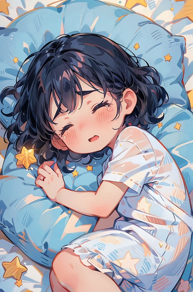 A girl, navy hair,wavy short hair,Parallel Eyebrows , Sleeping on Pillow, Having nightmares,(many big tears flowing),, Lovely, Closed eyes, Break, Towards viewer, POV, when she sleeps next to you, Pillow, cloud, Star, anime, illustration, high quality CG, Fair,