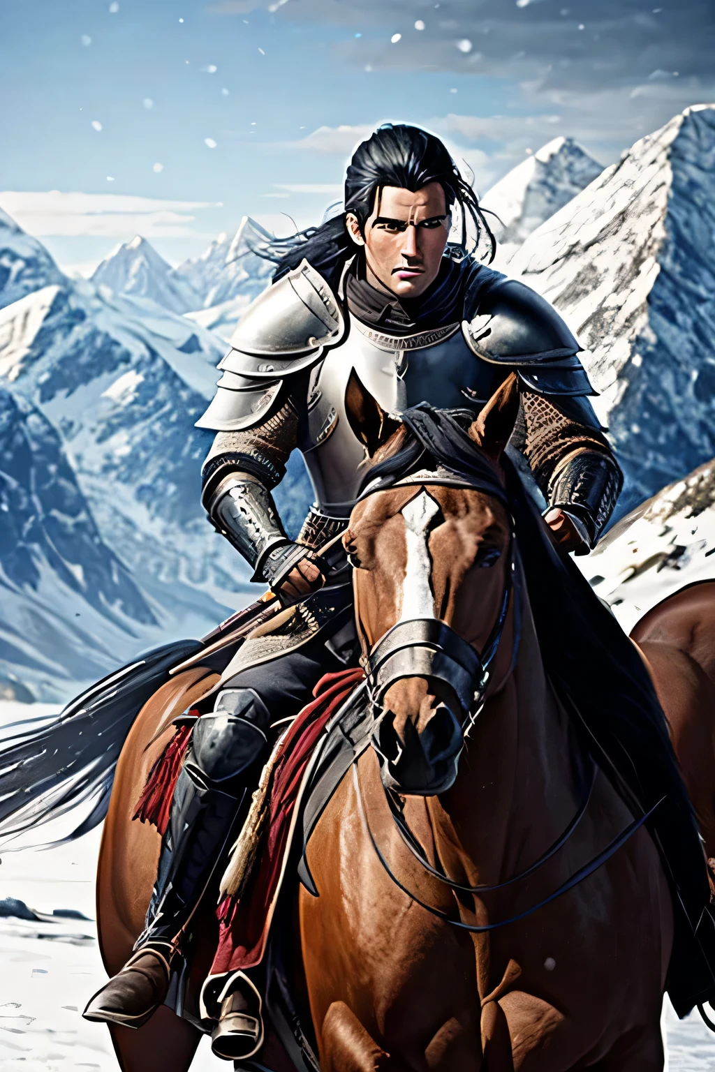 Knight on horseback. Man. courageous face. Black hair, pulled back into a ponytail. armor. scars on face. Against the backdrop of snow-capped mountains and forests