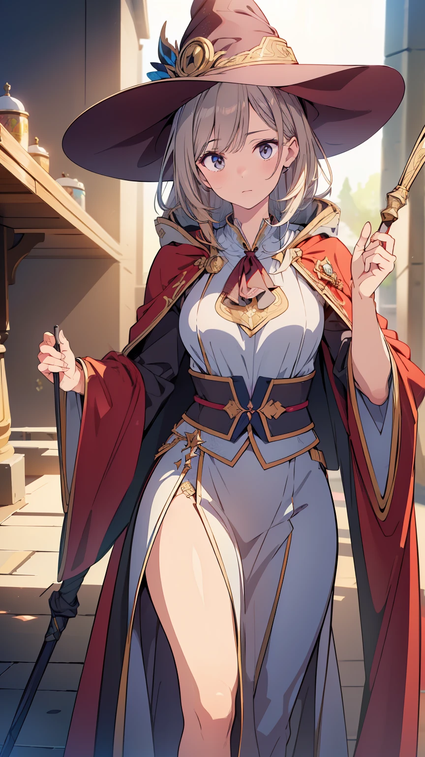 ((Top quality, 4k, 8k, high resolution, masterpiece: 1.2))), (super detailed), (realistic), (photorealistic), (photorealistic: 1.37), (HDR, UHD), (studio (lighting), ultra-fine drawing, sharp focus, physically based rendering, highly detailed, professional, vibrant colors, wizard, wizard hat, With a look of exasperation, dressed in robes and holding a staff, magic robe, walking,