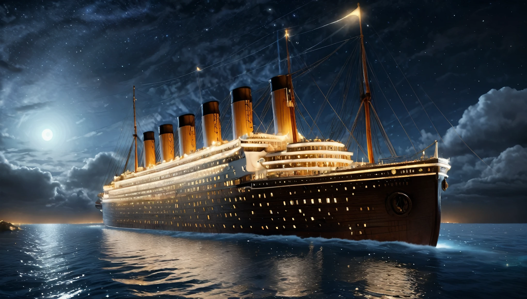 A highly detailed, photorealistic rendering of the Titanic sailing at night under a star-filled sky, with an iceberg in the foreground. The ship is illuminated by soft lights, showing its grandeur with multiple decks, lifeboats, and four large smokestacks. Rendered in Unreal Engine 5 with finely detailed textures and bold colors.