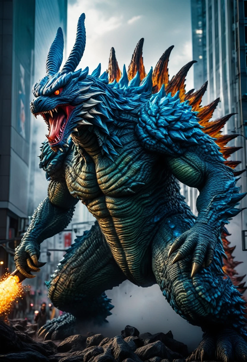(best quality,4K,8k,highres,masterpiece:1.2),ultra-detailed,(realistic,photorealistic,photo-realistic:1.37),dynamic pose,humanoid draconic kaiju,white face,kaiju no.8,electric blue,electric dorsal spines,highly detailed, destroyed city, closed fist, brawny.