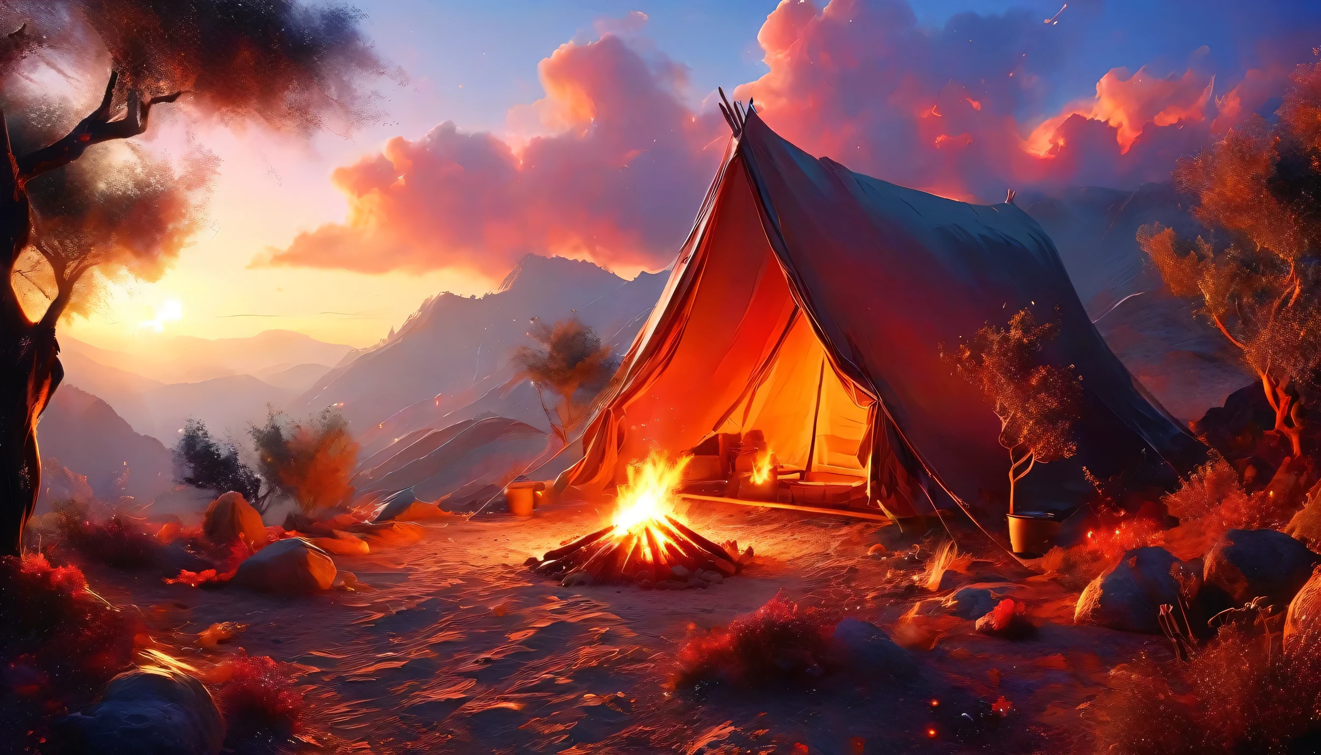 arafed, a picture of a camping (tent: 1.2) and small (campfire: 1.3), on a desert mountaintop, its sunset the sky are in various shades of  (red: 1.1), (orange: 1.1), (azure: 1.1) (purple:1.1) there is smoke rising from the fire camp, there is a magnificent view of the desert canyon and ravines, there is sparce trees on the horizon, it is a time of serenity, peace, and relaxation, best quality, 16K,  photorealism, National Geographic award winning photoshoot, ultra wide shot, RagingNebula, ladyshadow