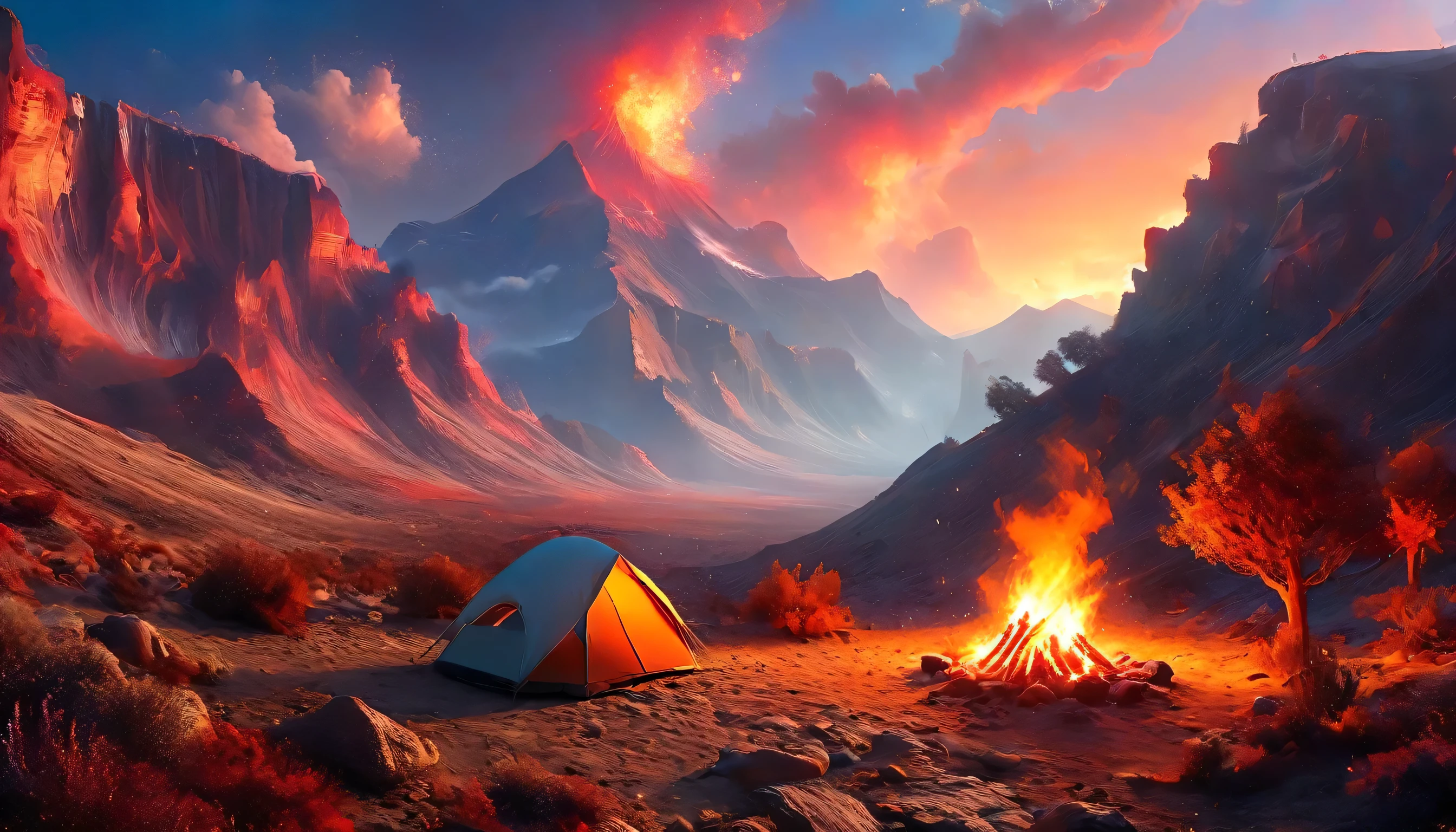 arafed, a picture of a camping (tent: 1.2) and small (campfire: 1.3), on a desert mountaintop, its sunset the sky are in various shades of  (red: 1.1), (orange: 1.1), (azure: 1.1) (purple:1.1) there is smoke rising from the fire camp, there is a magnificent view of the desert canyon and ravines, there is sparce trees on the horizon, it is a time of serenity, peace, and relaxation, best quality, 16K,  photorealism, National Geographic award winning photoshoot, ultra wide shot, RagingNebula, ladyshadow