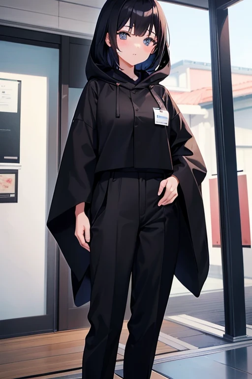 A 19-year-old girl, 2 meters tall, dressed in a black Japanese uniform with a hood and trousers.