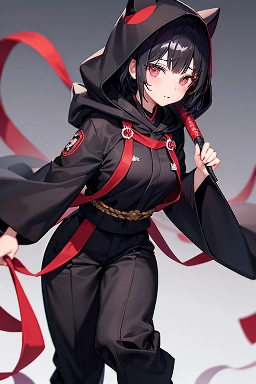 A 19-year-old girl, 2 meters tall, with bright red eyes, dressed in a black Japanese uniform with a hood and trousers.