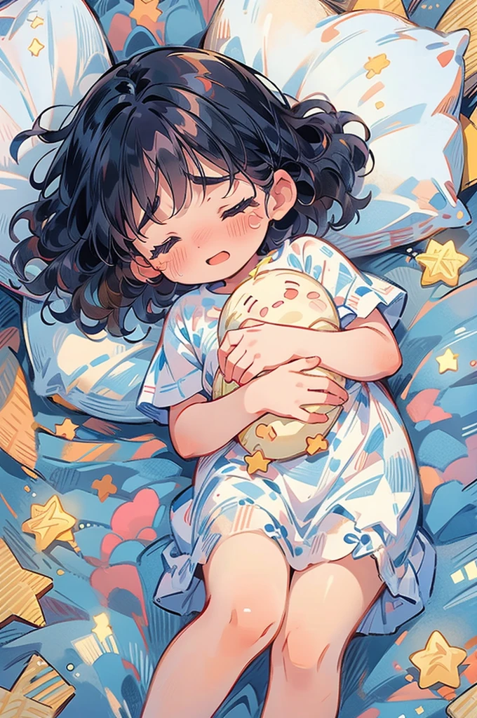 A girl, navy hair,wavy short hair,Parallel Eyebrows , Sleeping on Pillow, Having nightmares,(many big tears flowing),, Lovely, Closed eyes, Break, Towards viewer, POV, when she sleeps next to you, Pillow, cloud, Star, anime, illustration, high quality CG, Fair,detail finger,