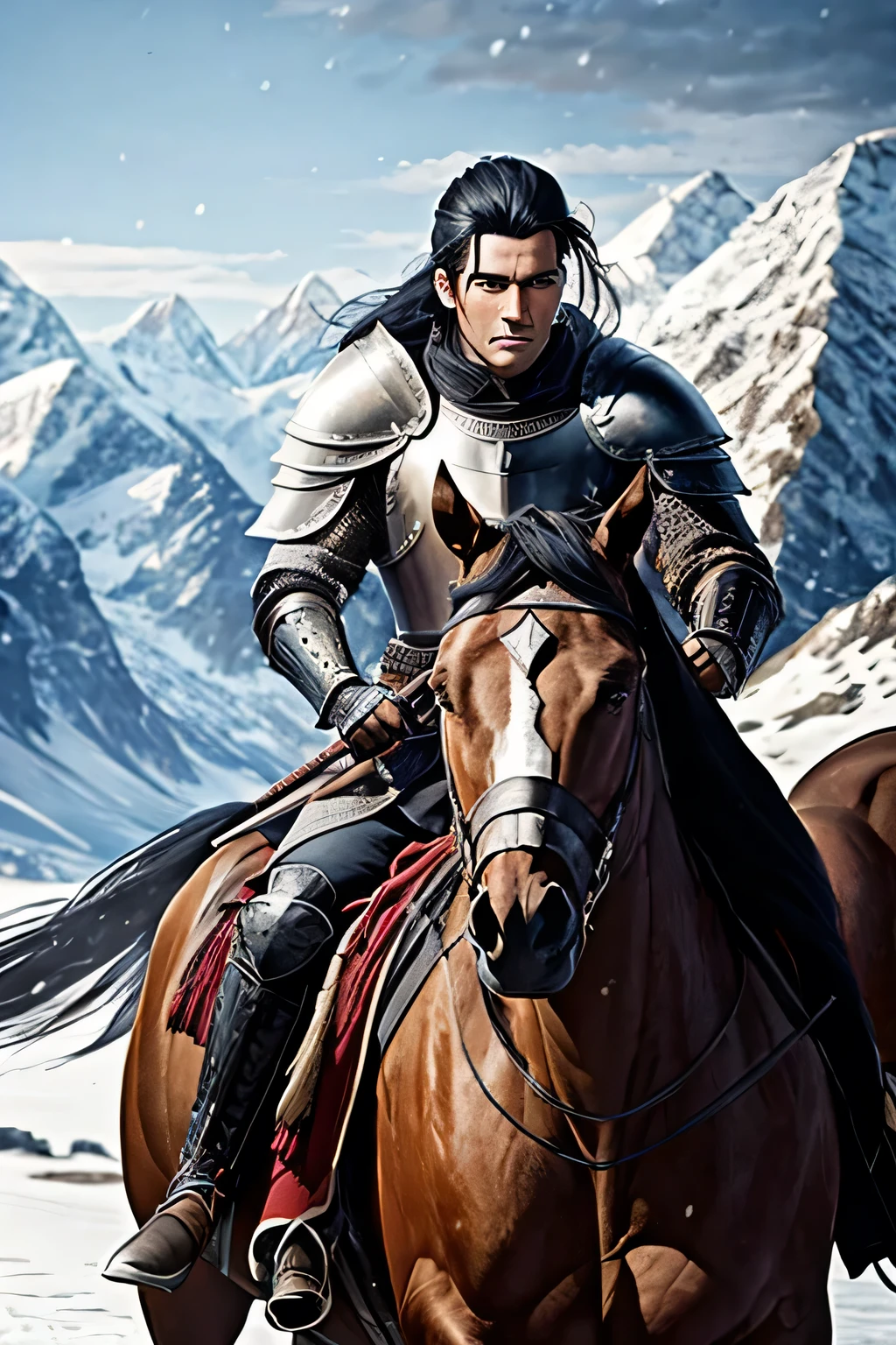 Knight on horseback. Man. courageous face. Black hair, pulled back into a ponytail. armor. scars on face. Against the backdrop of snow-capped mountains and forests