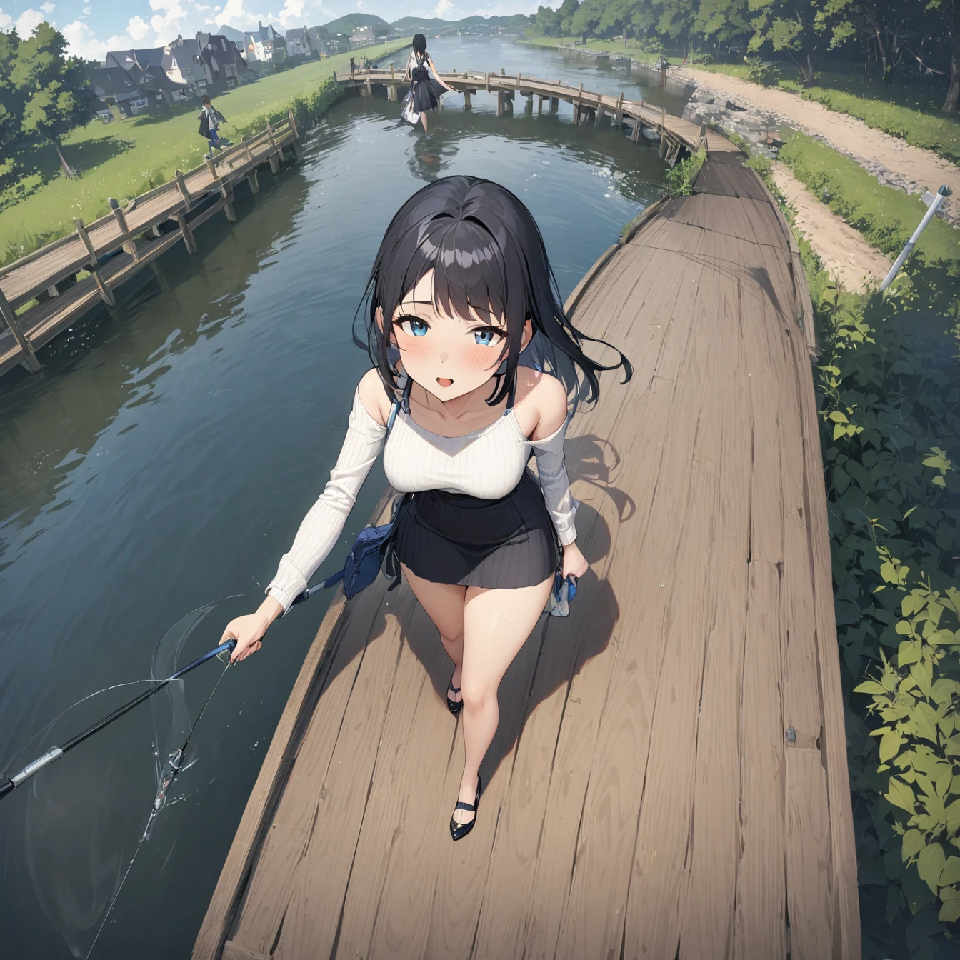 One girl，Super detailed，High resolution，masterpiece，by_style，boyfriend_Holding_hand，1 観客とhandをつなぐ少女，Walking while looking at me, Take a walk on the fishing bridge, From above,