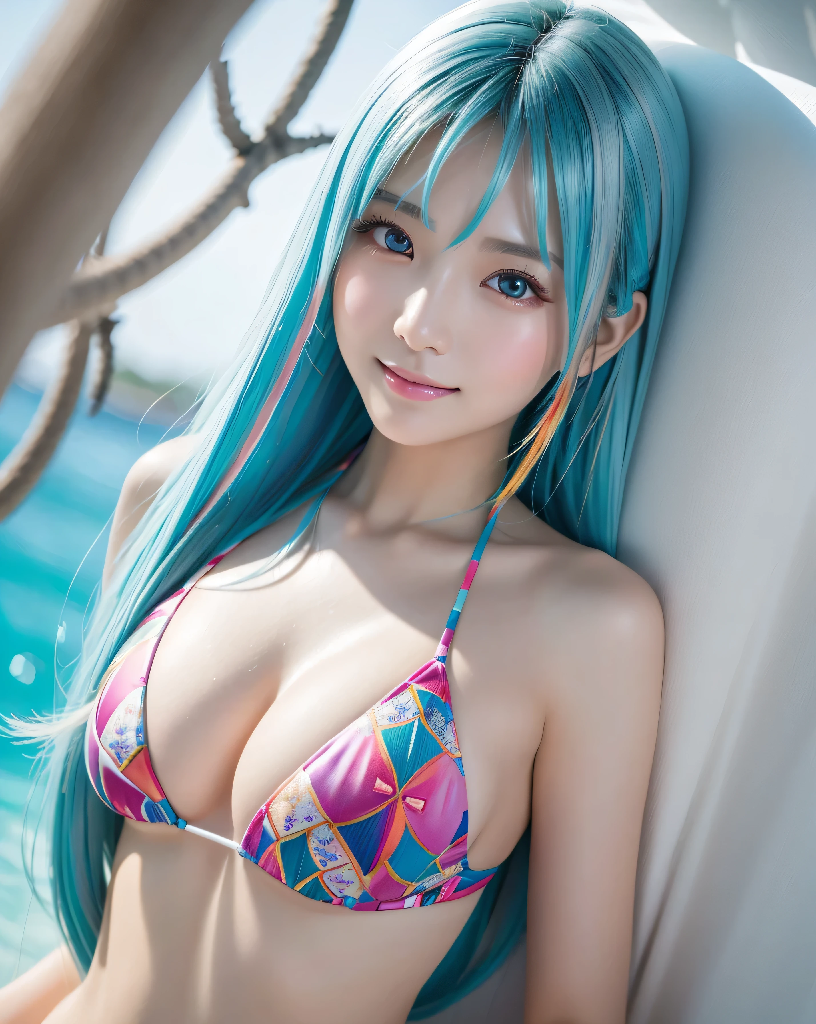 (highest quality, 32k, High resolution, Masterpiece:1.5, ), marimo_jet, god々A photograph with brilliant dazzling and healing power., Evoking a sense of calm and elusive beauty, Expressing emotions, Have a rich imagination, Beautiful Japanese Girls, Beautiful Japanese Girls, ((Low - Angle:1.5)), An exceptionally beautiful face, Small Face Beauty, Perfect Human Anatomy, Magical big eyes, Motherhood and generosity, Deep Love, ((fleeting smile:1.0)), ((Shiny light blue hair:1.1)), ((Super Long Straight Silk Hair)), Asymmetrical bangs, Hair between the eyes, Transparent, soft white skin, Sharp eyebrows, Thin lashes, Natural Makeup, Cheek highlighter, Pale pink detailed lips, , ((High-quality bikini with colorful painted patterns:1.2)), High resolution perfect collarbone, High resolution beautiful bust, Slim figure with ample breasts, High resolutionの美しい太もも, ((Blue sea and white sand beach:1.2)), Detailed summer sky, The dazzling midsummer sunlight, Professional Lighting, Professional photographer, Professional models, God's Secret