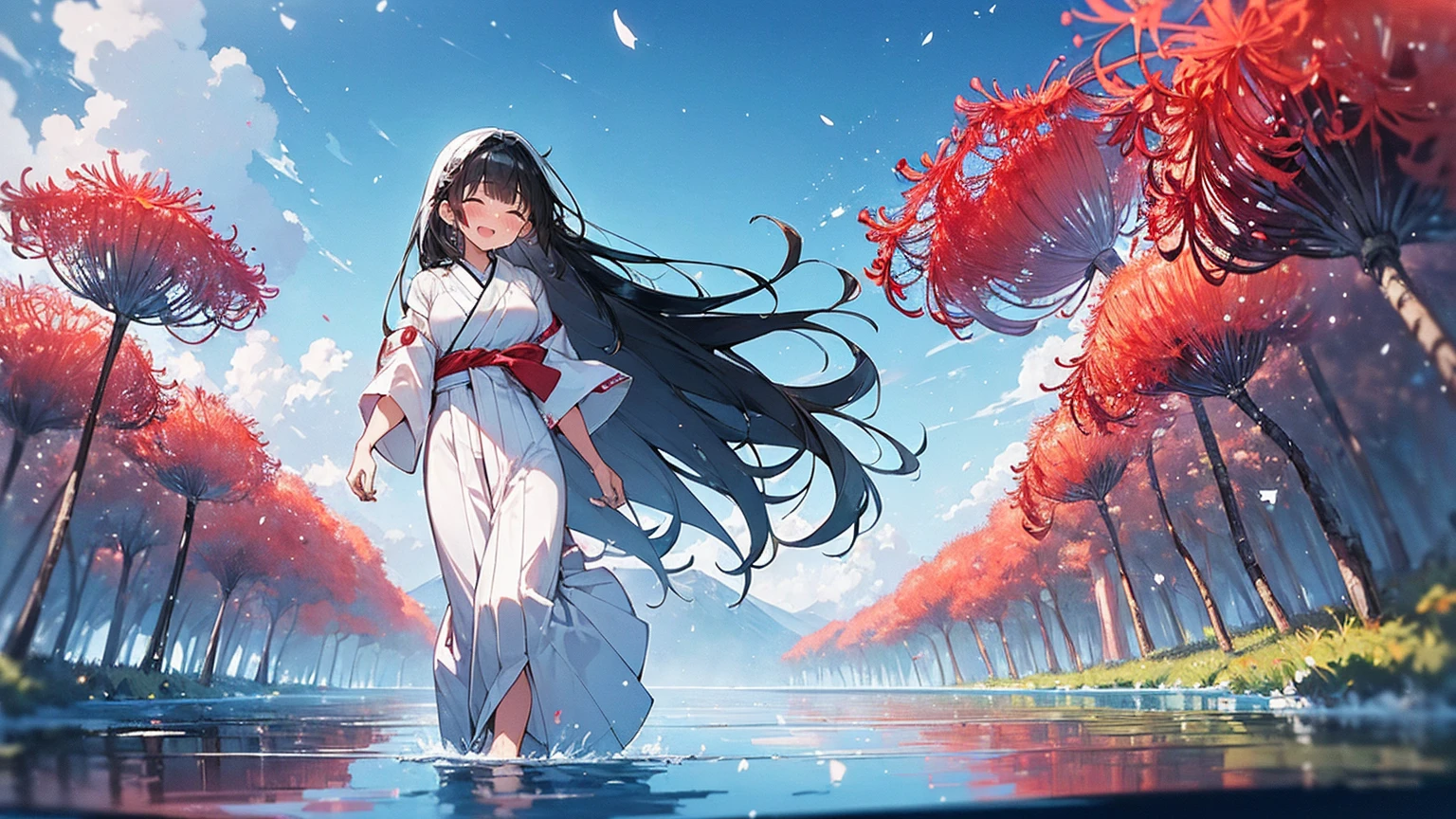 (Masterpiece, Top quality: 1.5) ,4K, (walking on water:1.4), from behind, 1 beautiful girl, solo, black hair, (white hakama :1.3), off shoulder, barefoot, long hair, wave hair, (junior high school student:1.2), medium breasts, standard weight, smile:1.5, blush:1.2, (tearful:1.3), closed eyes, open mouth, beautiful scene of large lake, Horizon, magnificent panorama view, Silent Water Surface, blue sky, ( Red spider lilies floating on the water everywhere:1.2)