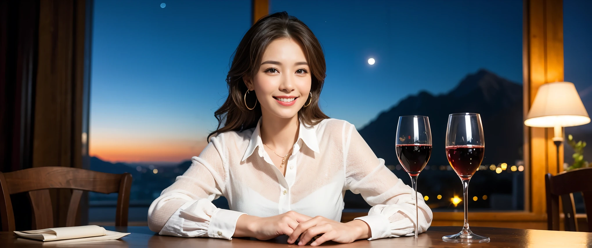 (including k, nffsw, highest quality, table top: 1.2), (realistic, photorealistic: 1.37), Spectacular view of the sunset sky and clouds、Amazing mountain views、long sleeve shirt、winter fashion、Champagne、sparkling wine、 (Slim Face), (slim body), (brown hair), (shortcut), neat beauty、cheeks turn a little red, (36years old), 40 years old, alone, Outside the window, a beautiful and detailed night view unfolds.., restaurant, Wine glass sitting, At night, in a prominent place (from the Upper body) nova frog style, actress, model, Upper body, White wine, slim, wine glass, Super Clean night View, wine glass Put in the Middle, Happy smile, (smile: 1.15), beautiful and detailed eyes, Upper body, bust japan up, night, short, short, actress, model, Upper body, White wine, slim, wine glass, Super Clean night View, wine glass Put in the Middle, Happy smile,