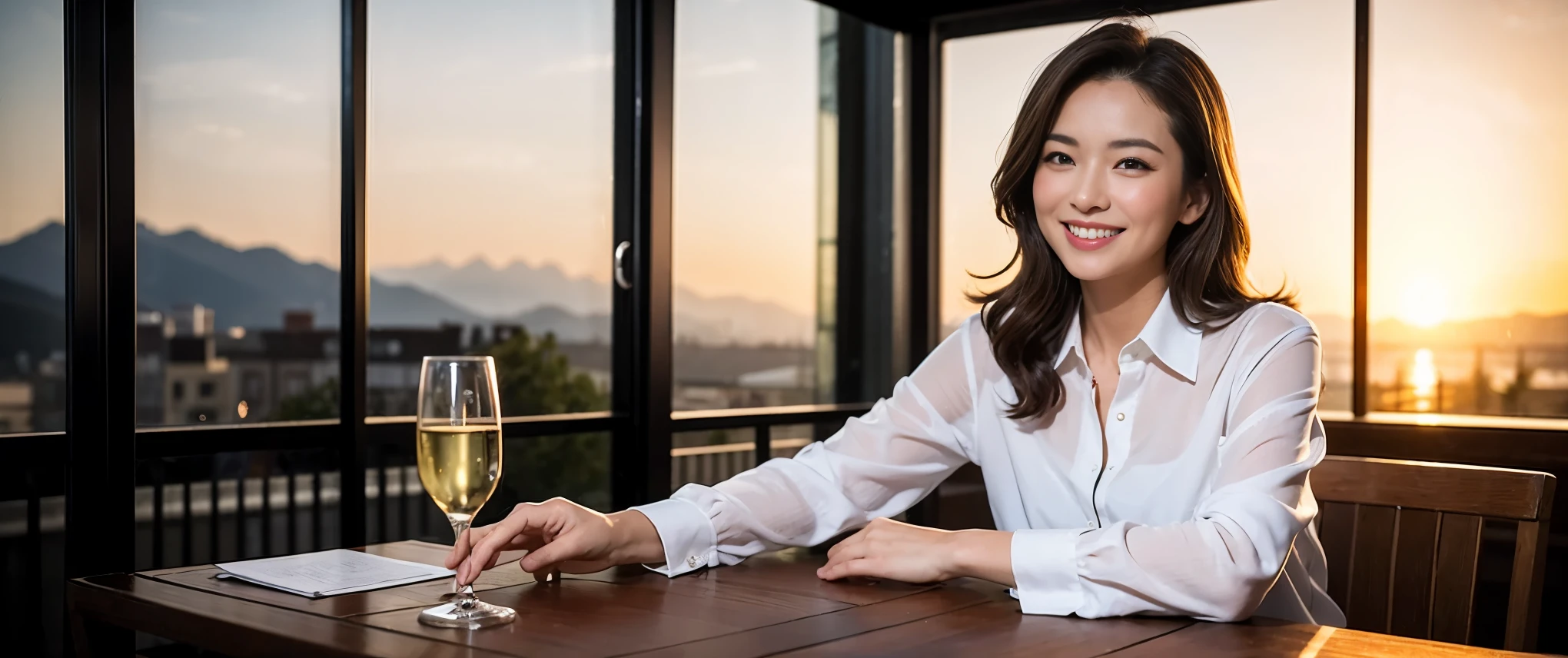 (including k, nffsw, highest quality, table top: 1.2), (realistic, photorealistic: 1.37), Spectacular view of the sunset sky and clouds、Amazing mountain views、long sleeve shirt、winter fashion、Champagne、sparkling wine、 (Slim Face), (slim body), (brown hair), (shortcut), neat beauty、cheeks turn a little red, (36years old), 40 years old, alone, Outside the window, a beautiful and detailed night view unfolds.., restaurant, Wine glass sitting, At night, in a prominent place (from the Upper body) nova frog style, actress, model, Upper body, White wine, slim, wine glass, Super Clean night View, wine glass Put in the Middle, Happy smile, (smile: 1.15), beautiful and detailed eyes, Upper body, bust japan up, night, short, short, actress, model, Upper body, White wine, slim, wine glass, Super Clean night View, wine glass Put in the Middle, Happy smile,