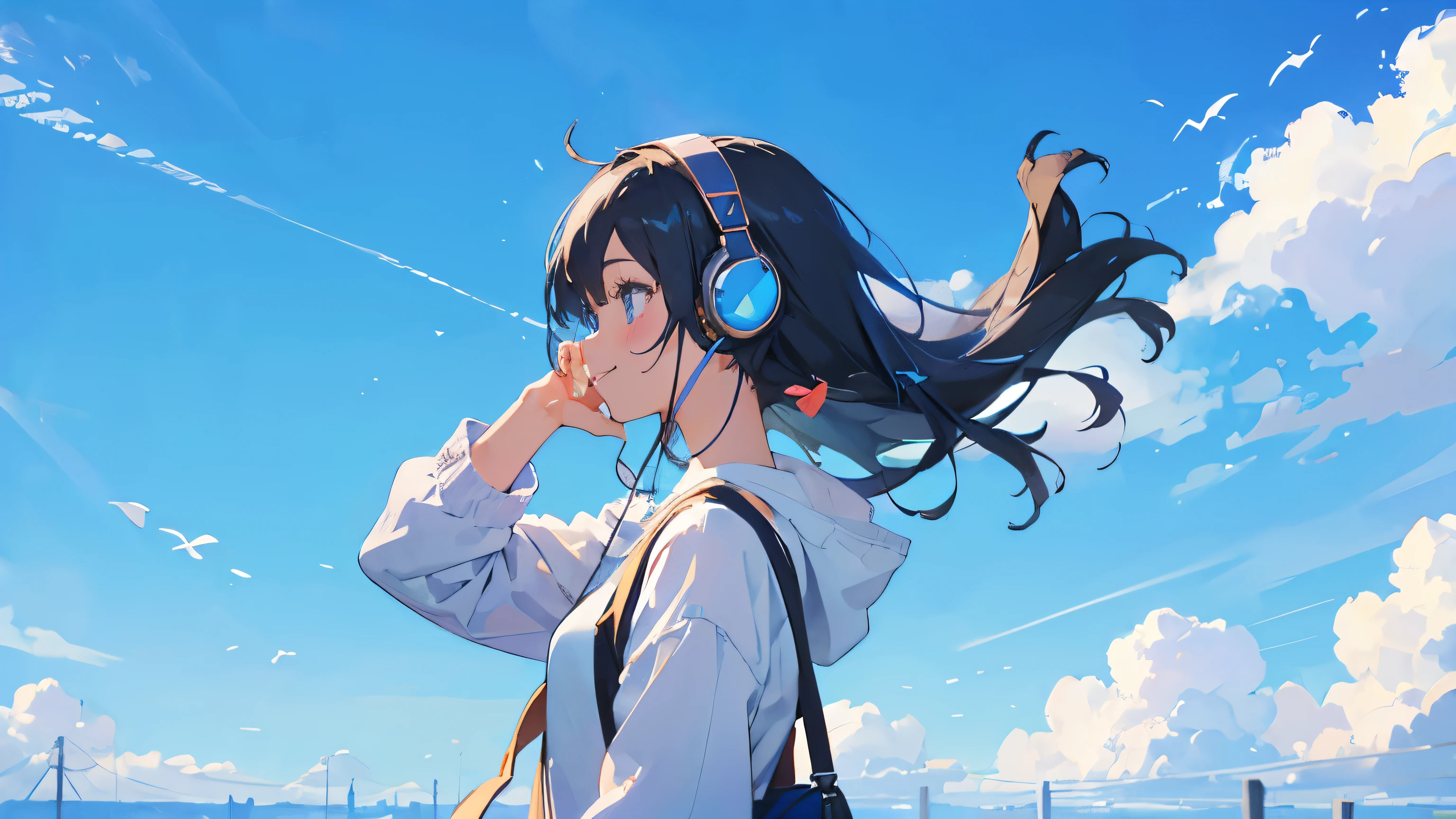 Casual Beautiful Girl　headphone　Listening to music　smile　blue sky　Good feeling　profile　whole body