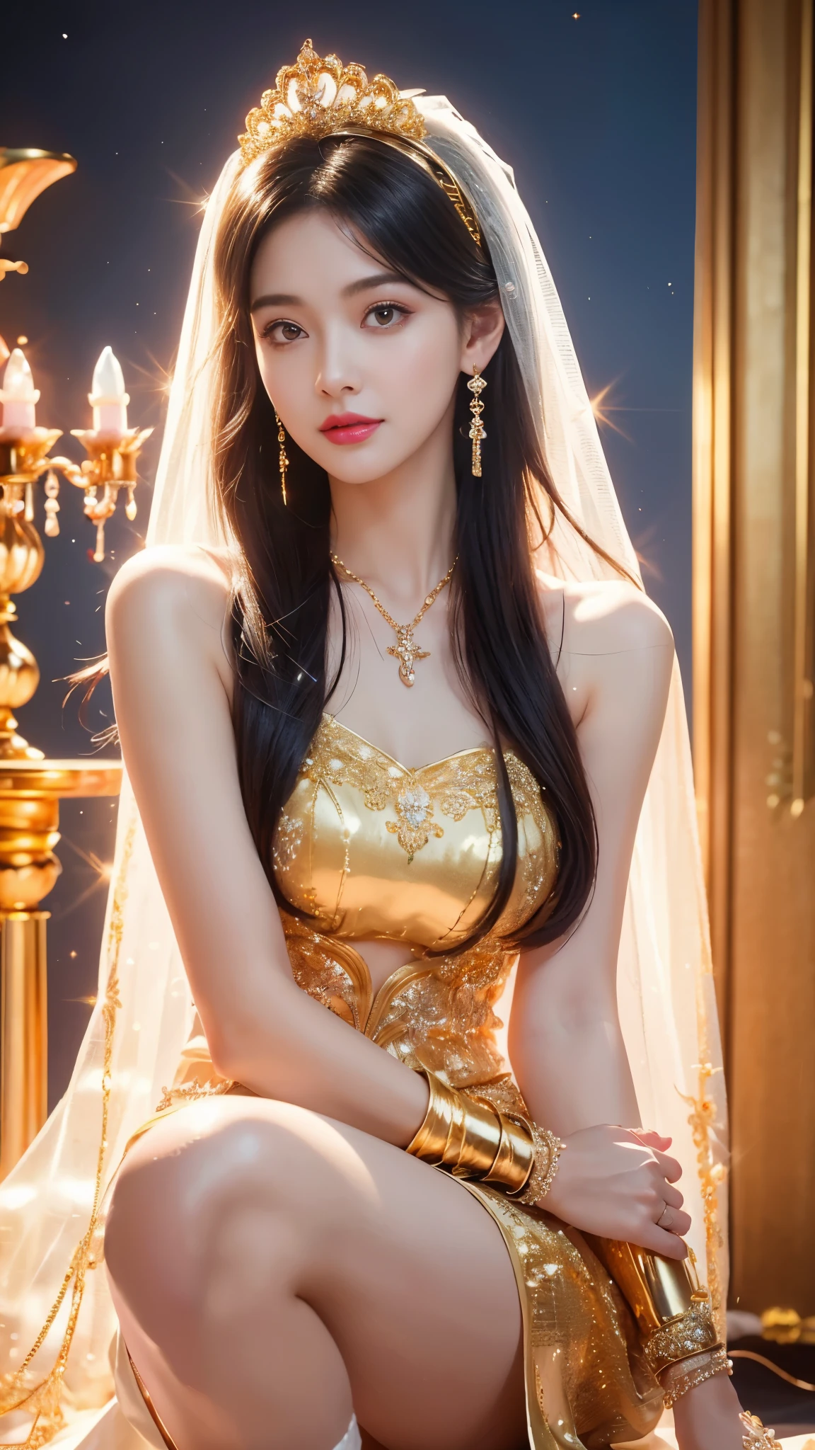4K, UHD, masterpeice, 1 girl, good face, happy face, ((white skin)), detailed eyes, detailed lipstick, very long hair, straight hair, very long hair, beautiful hair, hair ornaments, hairband, gradient hair, ((golden stocking)), ((princess clothing)), ((decorated clothing)), ((sardine)), ((sparkle clothing)), ((golden lace)), ((diamond bracelet)), ((pendant)), ornaments, necklace, earring, high lighting, ((in the wedding stage)), fujicolor, depth of field, ray tracing, ultra realistic detailes,