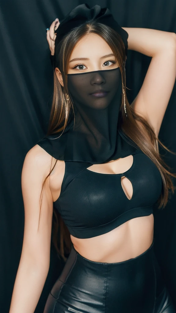 (lifelike, high - resolution:1.3),full body , 1 girl with a perfect body, Super fine face and eyes,slong hair, midriff of black colors:1.2, black shiny leggings,face veil, big boob,Expose cleavage, ninja pose.