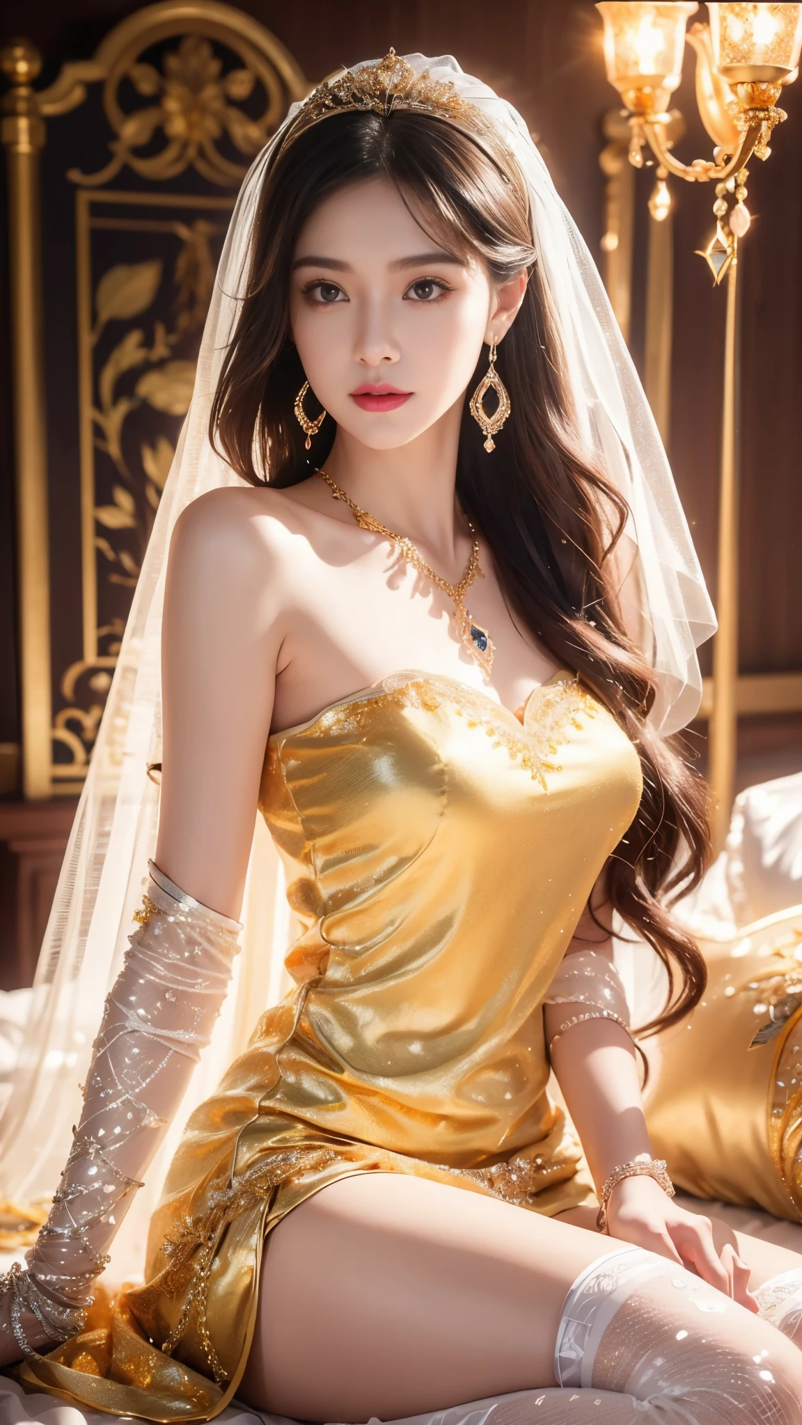 4K, UHD, masterpeice, 1 girl, good face, happy face, ((white skin)), detailed eyes, detailed lipstick, very long hair, straight hair, very long hair, beautiful hair, hair ornaments, hairband, gradient hair, ((golden stocking)), ((princess clothing)), ((decorated clothing)), ((sardine)), ((sparkle clothing)), ((golden lace)), ((diamond bracelet)), ((pendant)), ornaments, necklace, earring, high lighting, ((in the wedding stage)), fujicolor, depth of field, ray tracing, ultra realistic detailes,