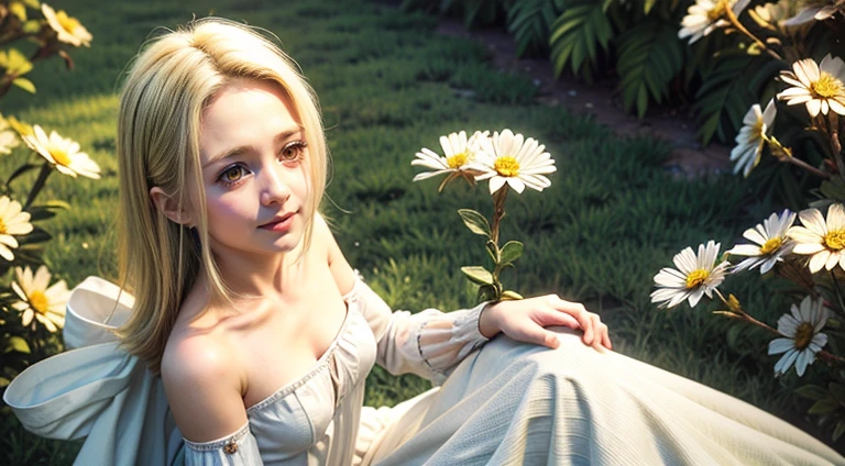 masterpiece, best quality, sdsElaine, white dress, bare shoulders, detached sleeves, flower patch, field, sitting, from above, looking at viewer, smile, beauty, extremely beautiful face, detailed eyes, detailed face