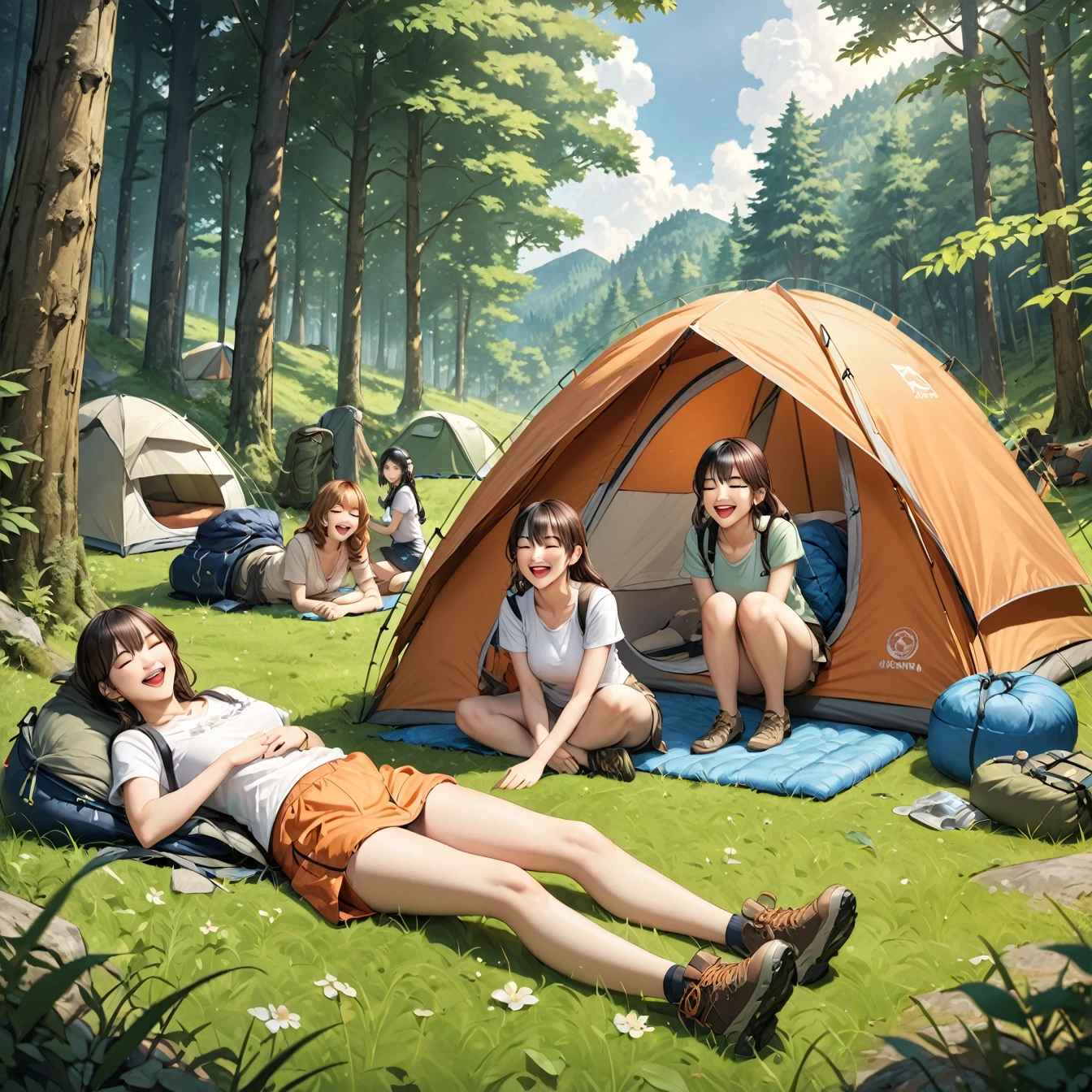 highest quality, masterpiece, Ultra-high definition portraits, Highly detailed background, anime character, A lively camp scene, Group of 3, Earth-toned camping gear, Laughing, (Sleeping bag, enter, wear), Forest groves and grassland, Girl rolling on the grass, Girls playing on the grass