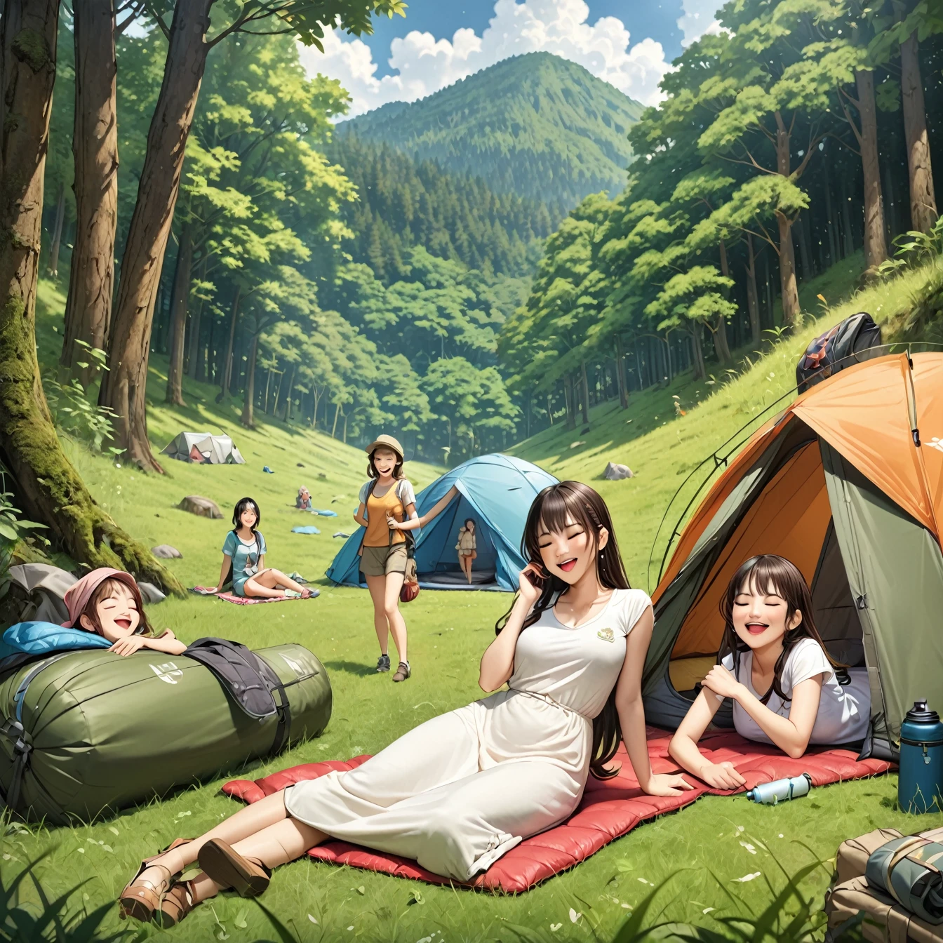 highest quality, masterpiece, Ultra-high definition portraits, Highly detailed background, anime character, A lively camp scene, Group of 3, Earth-toned camping gear, Laughing, (Sleeping bag, enter, wear), Forest groves and grassland, Girl rolling on the grass, Girls playing on the grass