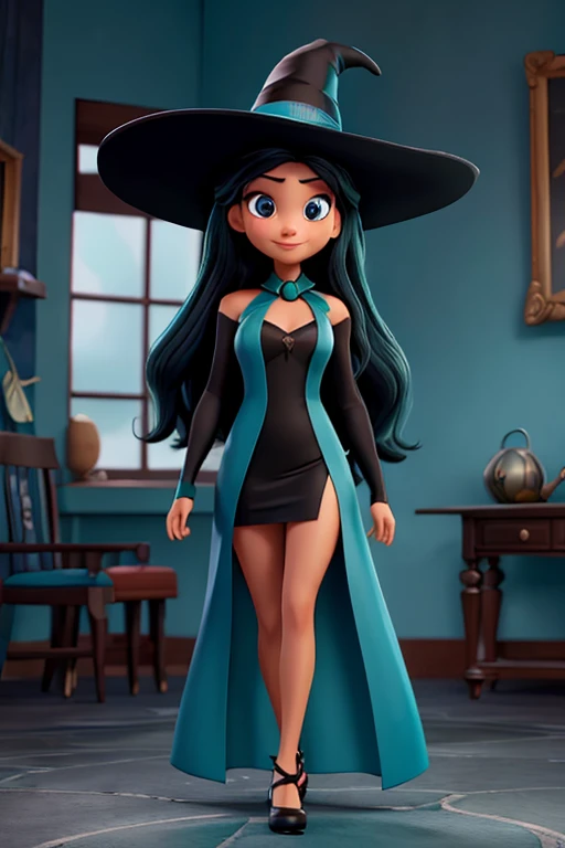 woman Long black hair, turquoise skin.
Black suit with a pointed hat.
Witch, villain Disney Pixar