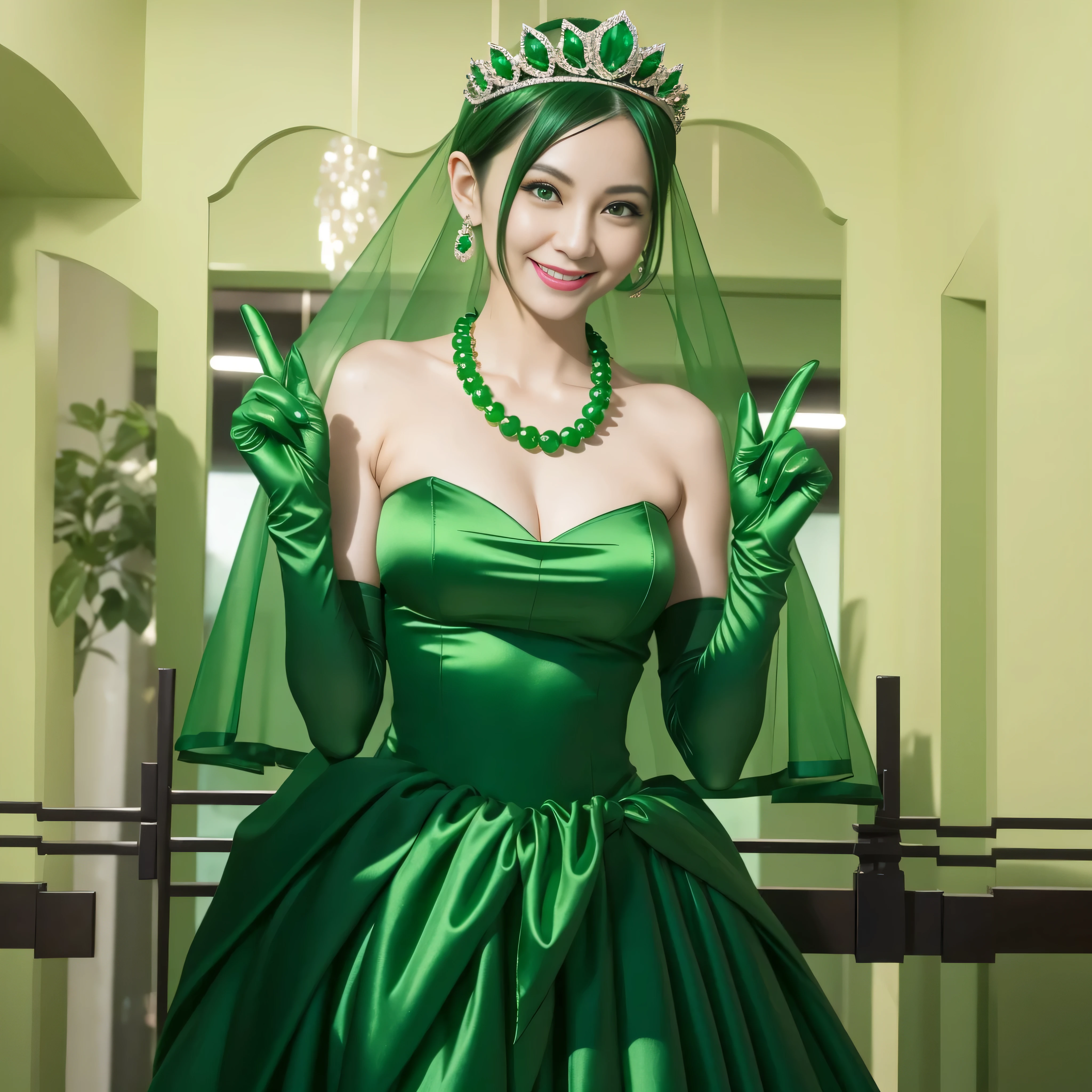 Emerald tiara, Green Pearl Necklace, Boyish very short green hair, lipstick, Smiling Japanese woman in her 30s, Very short hair, Big and beautiful, Green Eyes, Long green satin gloves, Big Breasts, V sign, Emerald Earrings, Green veil
