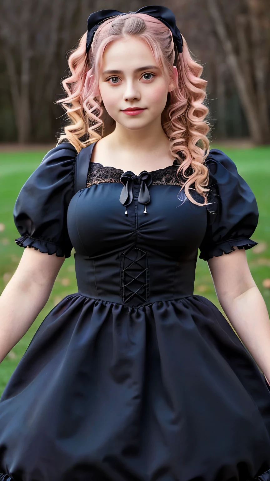 a close up of a woman in a pink dress with black bows, a colorized photo by Ayami Kojima, tumblr, renaissance, lolita style, romantic dress, lolita fashion, black and pink dress, magical dress, cute dress, dreamy style, pink and black, fantasy dress, rococo dress, victorian gothic lolita fashion, beautiful dress, full dress, whimsical and cute