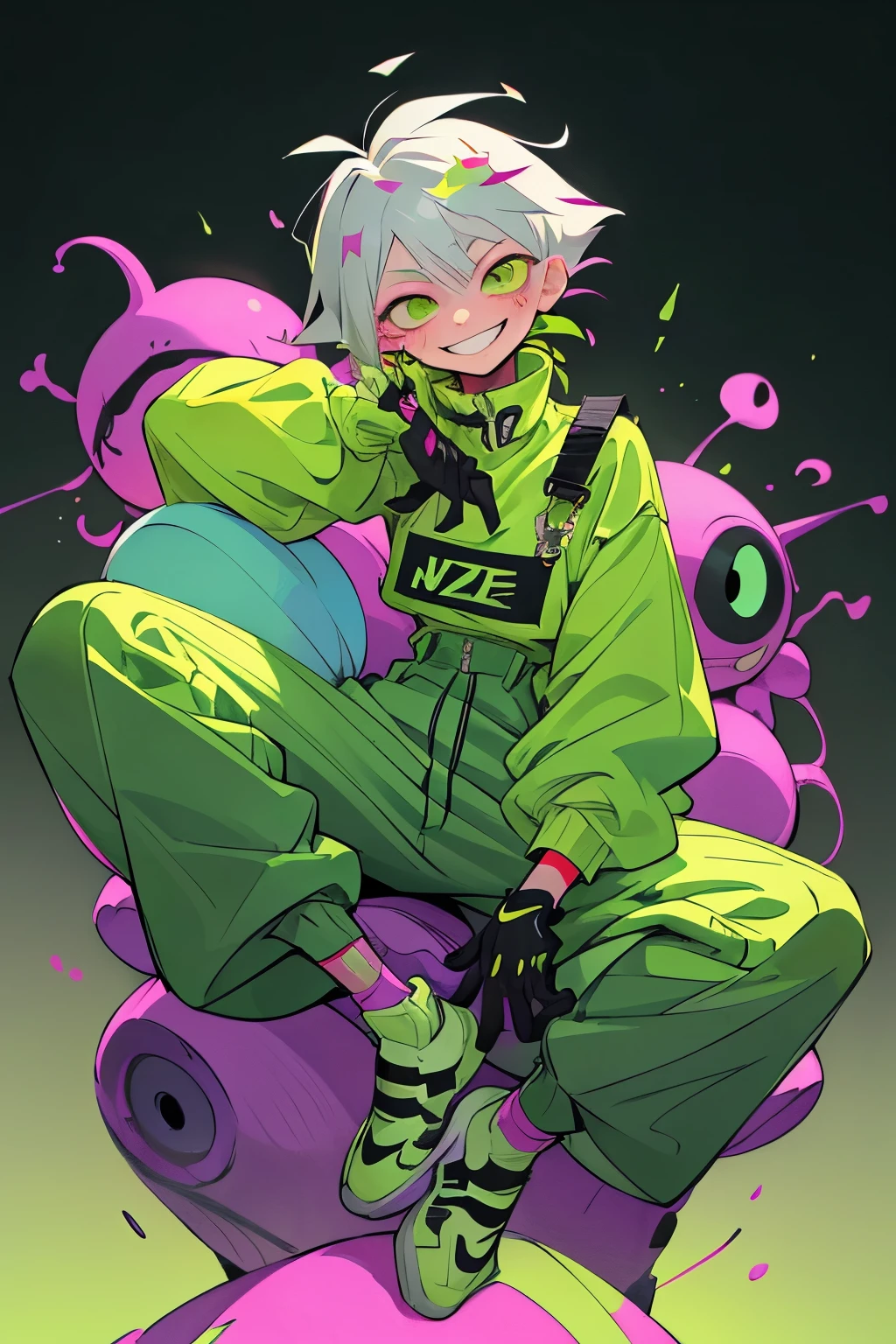 1kpop boy wearing a soft green turtle neck outfit, with a dark green fuchsia-colored overalls , yellow gloves, smile with teeth, messy messy white hair, detailed eye,pupilsmirk rizz face, attractive pose cannot be ressistbaby face(killua face) rizz,sit pose, face, attractive pose cannot be ressist, whole body,Nike shoes