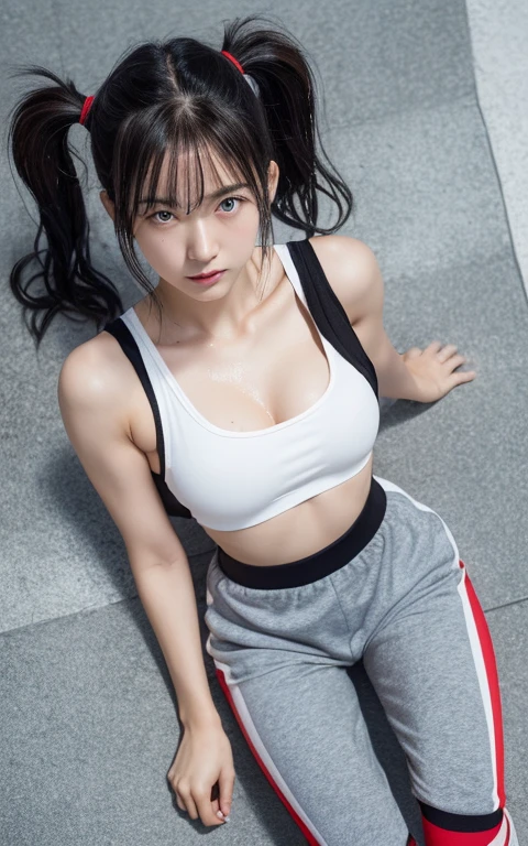 (highres, best quality), Asuka Langley Soryu, Beautiful Mixed Pretty German Babe Face. Beautiful Face, Detailed Beautiful Blue eyes, beautiful body, (full shot:1.5),(from above:1.5), Tokyo street, Auburn Long Twin Tails Hair, red ribbon, Sport Jersey, White socks, sneakers, combine realism and anime influences, happy face, volley field background, Intense Beautiful gaze, black shaggy hair, black eyes, no face expression, dark grey crop top, pale skin, light grey sweatpants, black thong, doggy possions, lying on the floor with hips raised, wet breasts, wet top, wet skin, oily