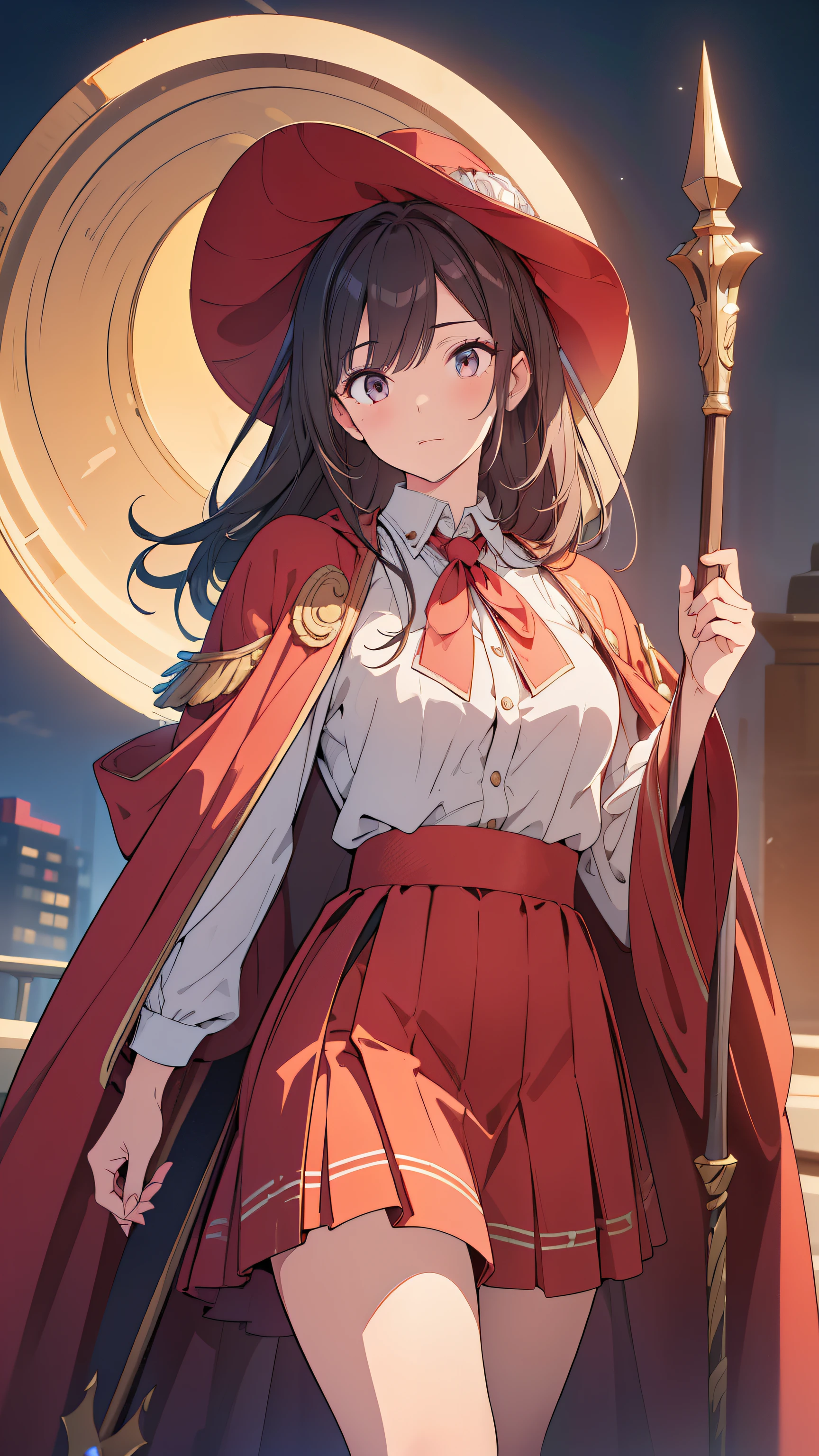 ((Top quality, 4k, 8k, high resolution, masterpiece: 1.2))), (super detailed), (realistic), (photorealistic), (photorealistic: 1.37), (HDR, UHD), (studio (lighting), ultra-fine drawing, sharp focus, physically based rendering, highly detailed, professional, vibrant colors, wizard, wizard hat, With a look of exasperation, dressed in robes and holding a staff, robe, skirt, walking,