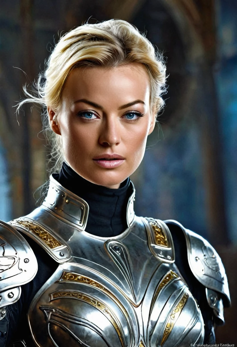 Yvonne Strahovski is a beautiful ethereal knight, cheveux blanc neige, in the style of Boris Vallejo, highly detailed sexy biomechanical armor, very detailed face, highly detailed skin, corps fort, Muscle definition, (Des proportions parfaites, poitrine push-up, longues jambes, photo corps entier, marche vers moi, abdominaux légèrement dessinés, debout, toute hauteur), Heavy metal aesthetics, fond futuriste de haute fantaisie, High quality, masterpiece, Realistic photo, Complex and detailed, 8k, hdr, faible profondeur de champ, Wide light, high contrast, backlight, Sharpness, Photo couleur brute, en regardant la caméra, couleurs fraîches
