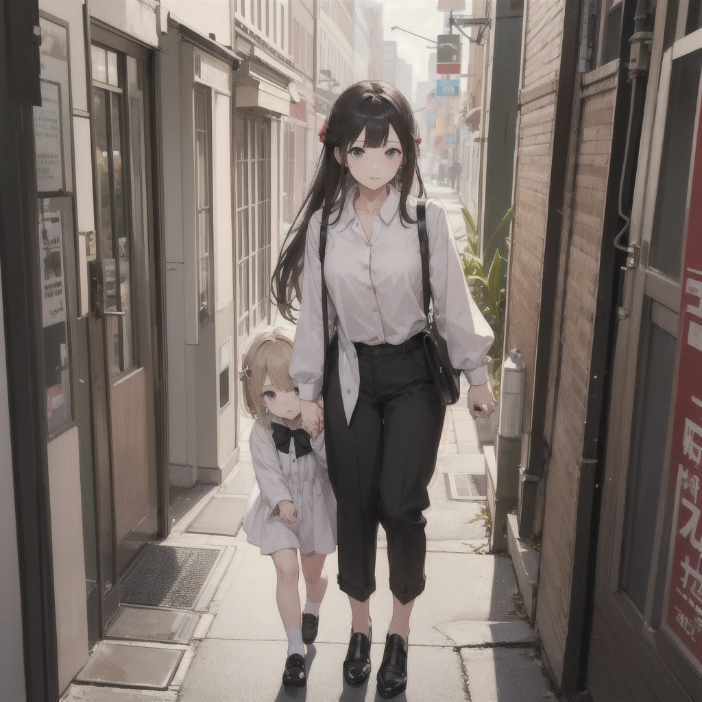 One girl，Super detailed，High resolution，masterpiece，by_style，boyfriend_Holding_hand，1 観客とhandをつなぐ少女，Walking while looking at me, Let&#39;s take a walk on the bridge, From above,