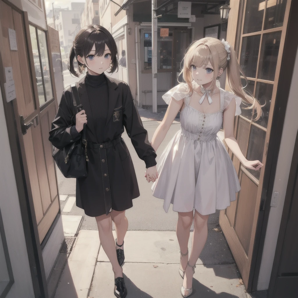 One girl，Super detailed，High resolution，masterpiece，by_style，boyfriend_Holding_hand，1 観客とhandをつなぐ少女，Walking while looking at me, Let&#39;s take a walk on the bridge, From above,