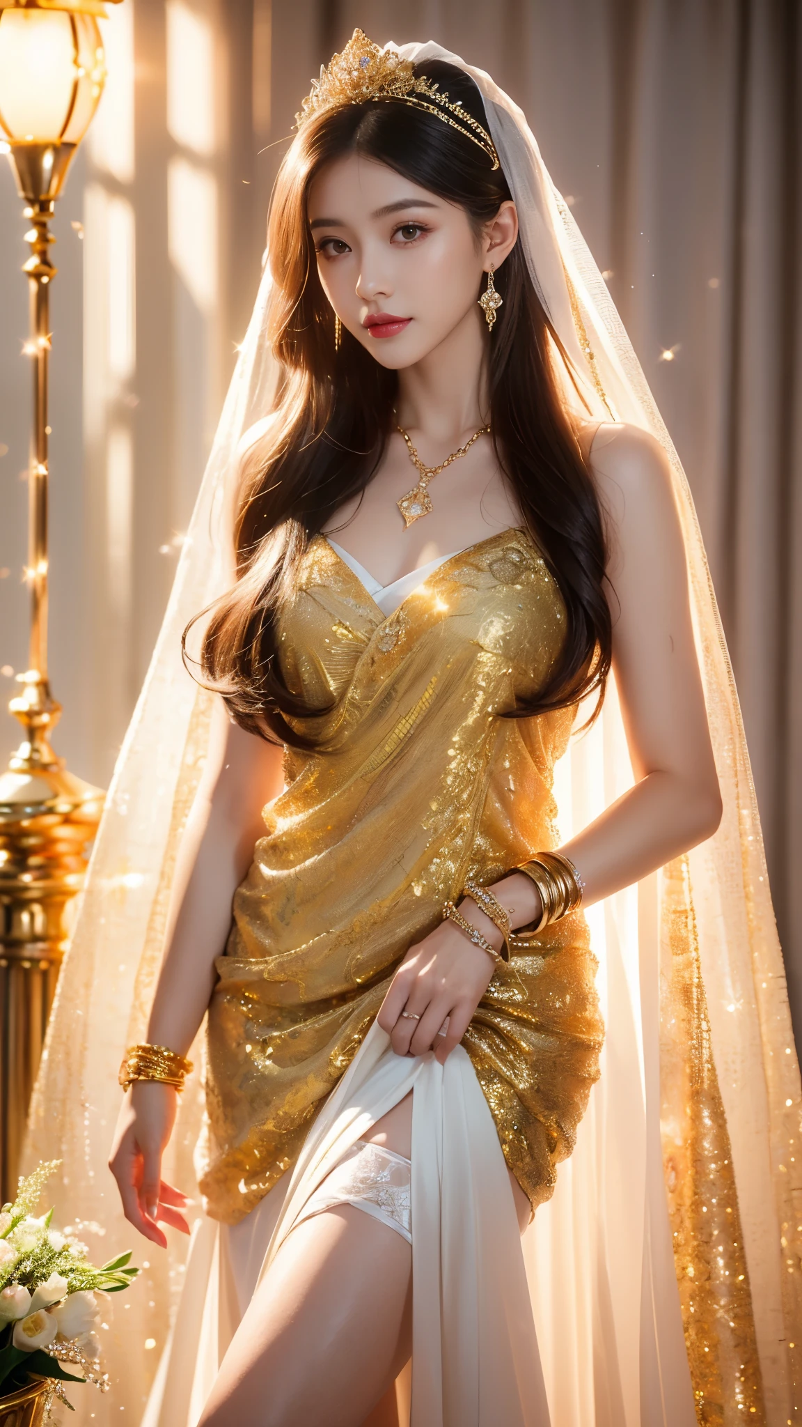 4K, UHD, masterpeice, 1 girl, good face, happy face, ((white skin)), detailed eyes, detailed lipstick, very long hair, straight hair, very long hair, beautiful hair, hair ornaments, hairband, gradient hair, ((golden stocking)), ((princess clothing)), ((decorated clothing)), ((sardine)), ((sparkle clothing)), ((golden lace)), ((diamond bracelet)), ((pendant)), ornaments, necklace, earring, high lighting, ((in the wedding stage)), fujicolor, depth of field, ray tracing, ultra realistic detailes, standing with the wall,