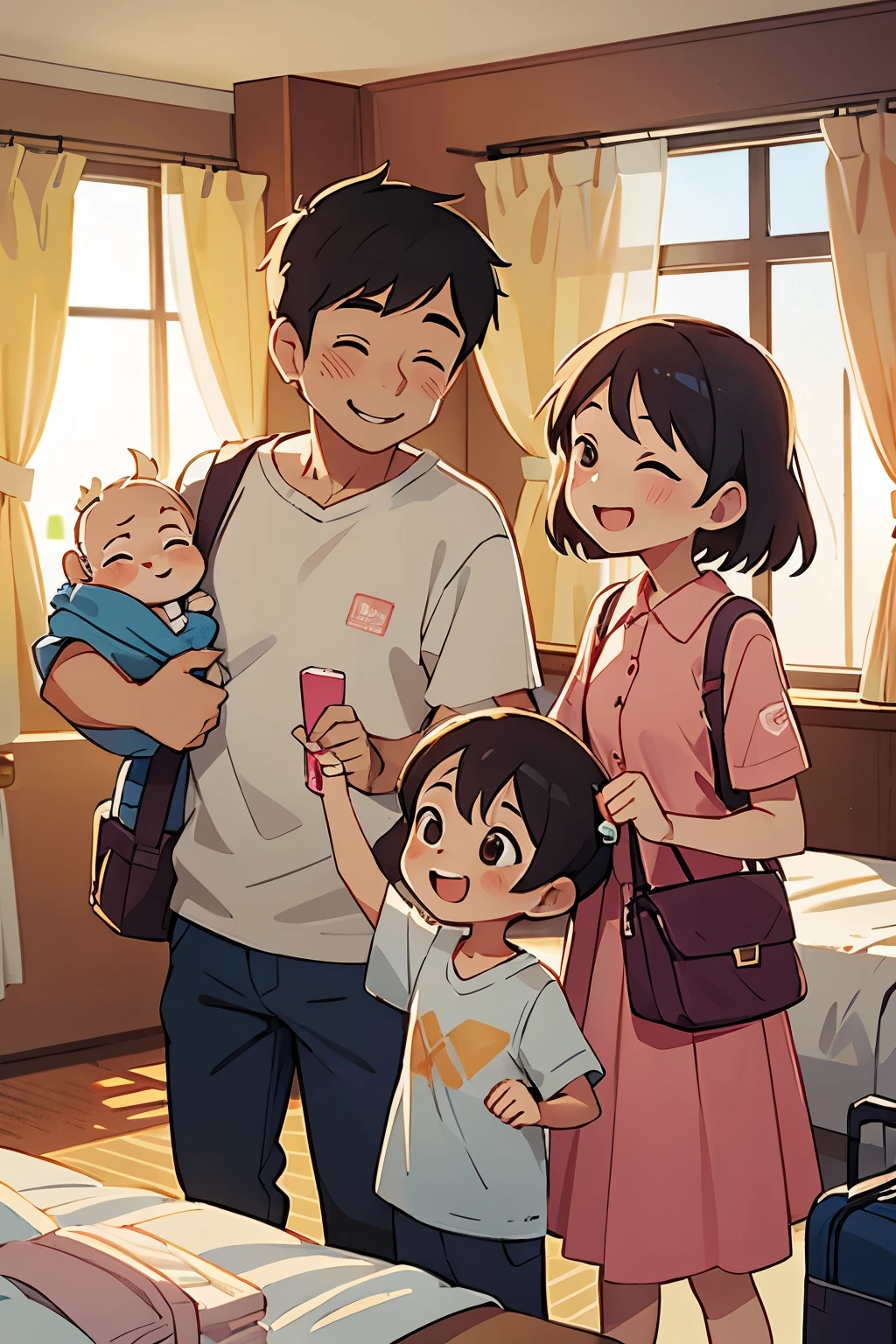 A happy family opening their carry-on bags in a hotel room。Dad is smiling。Mom is smiling。