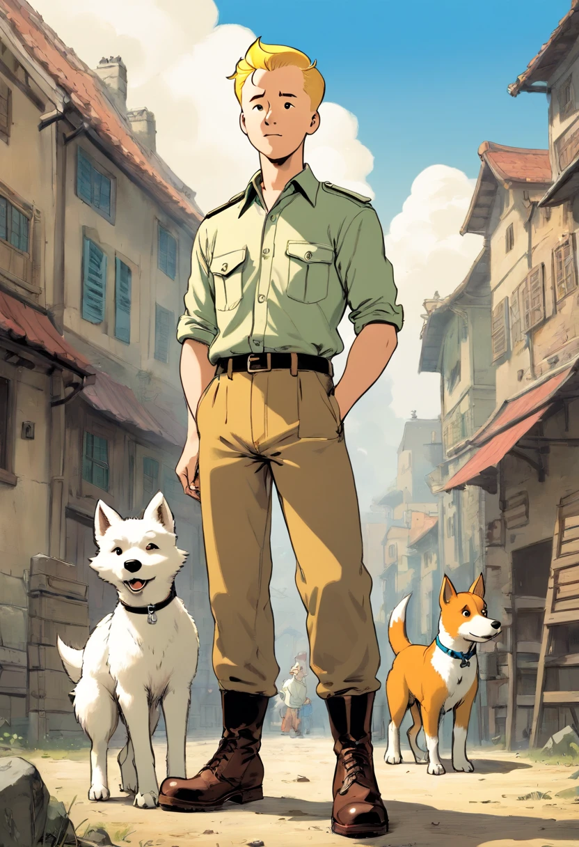 Tintin, 30 years old male wearing light brown shirt, brown cargo pants, black boots, slick and neat short blond hair, hand on hips pose, in a world war 2 battle , a little white fox terrier stand beside him, european comics