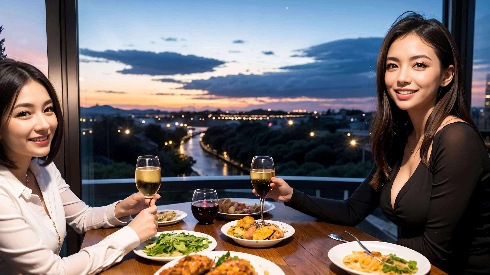 (highest quality、8k、masterpiece:1.3)、Beautiful woman with perfect figure:1.4、Dark brown hair、wine 、2 people、Knit dress、Highly detailed face and skin、fine grain、double eyelid、テーブルにwineグラス、Facial Lighting、 Amazing view of the sunset sky and clouds、Amazing mountain views、Laugh brightly、Smiling lovely woman、Bright image、wineの美しさ, Beautiful Face, blue eyes, Blushing, short hair,Bright Face、 (36 years old), 39 years old, Lady、赤wine 、Appetizers、Italian food、wineボトル、Champagne、スパークリングwine、Two beauties、Brown Hair、Shortcuts、Long sleeve shirt、dress、Pretty Woman 1, (slimな顔), (The body is slim), (Brown Hair), (Shortcuts), cheeks turn a little red,Attractive beauty、, Out of the window, A beautiful and detailed night view unfolds.........., restaurant, In a prominent place (From the waist up) Nova Frog Style, actress, model, Upper Body, 白wine, slim, wineグラス,
