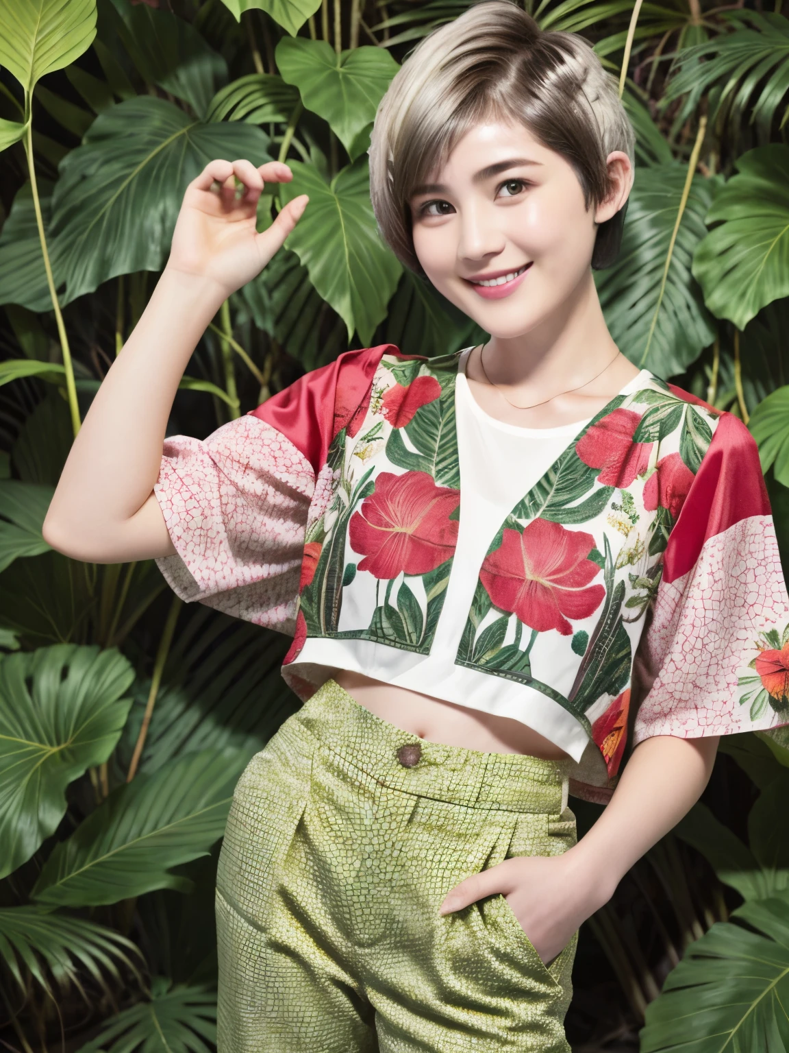 231 (18-year-old female,Floral clothes), ((short hair:1.46)), (Pants Style), (A kind smile), (Jungle Pattern)