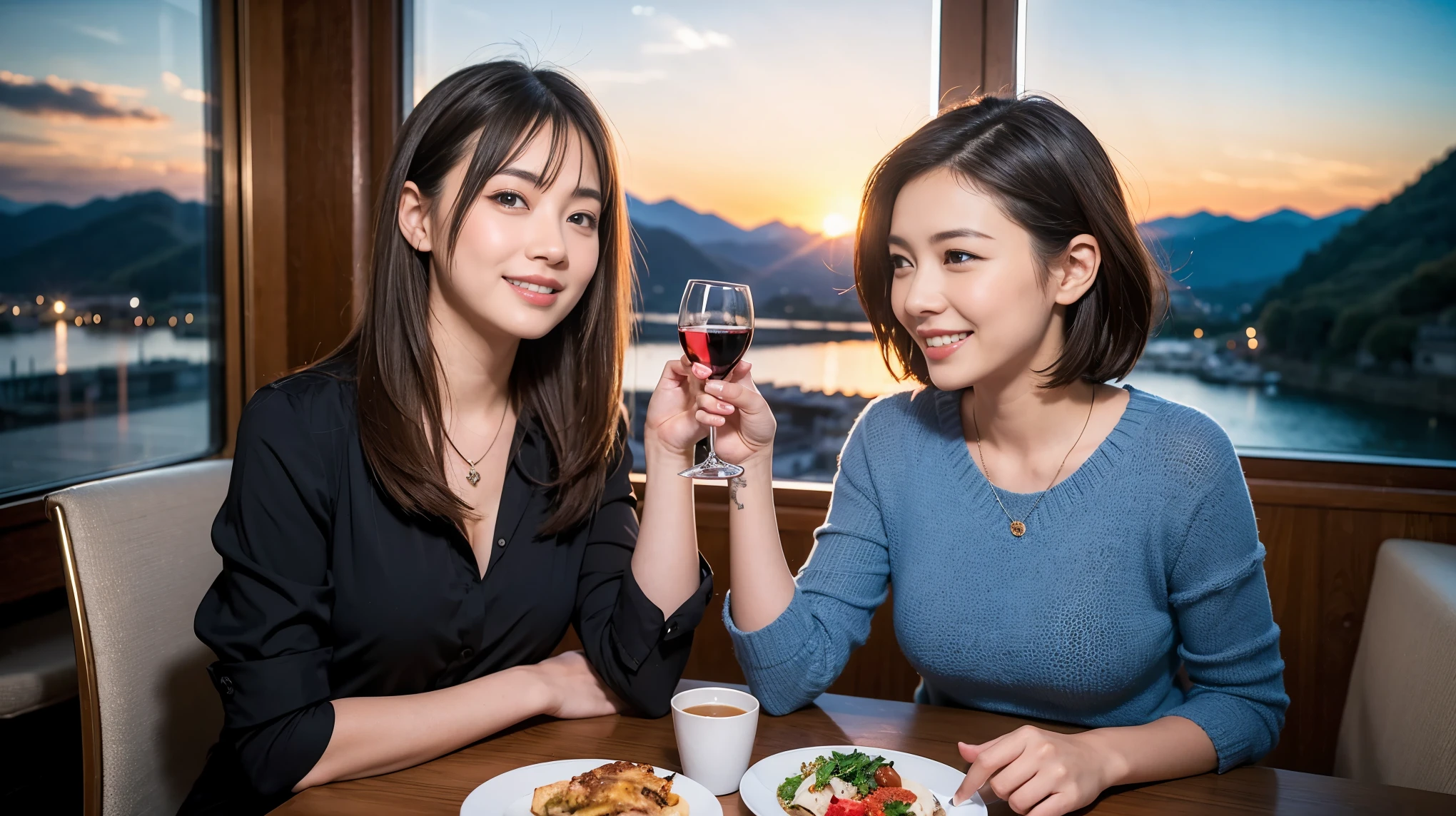 (highest quality、8k、masterpiece:1.3)、Beautiful woman with perfect figure:1.4、Dark brown hair、wine  、2 people、Knit dress、Highly detailed face and skin、fine grain、double eyelid、テーブルにwineグラス、Facial Lighting、 Amazing view of the sunset sky and clouds、Amazing mountain views、Laugh brightly、Smiling lovely woman、Bright image、wineの美しさ, Beautiful Face, blue eyes, Blushing, short hair,Bright Face、 (36 years old), 39 years old, Lady、赤wine 、Appetizers、Italian food、wineボトル、Champagne、スパークリングwine、Two beauties、Brown Hair、Shortcuts、Long sleeve shirt、dress、Pretty Woman 1, (slimな顔), (The body is slim), (Brown Hair), (Shortcuts), cheeks turn a little red,Attractive beauty、, Out of the window, A beautiful and detailed night view unfolds.........., restaurant, In a prominent place (From the waist up) Nova Frog Style, actress, model, Upper Body, 白wine, slim, wineグラス, 